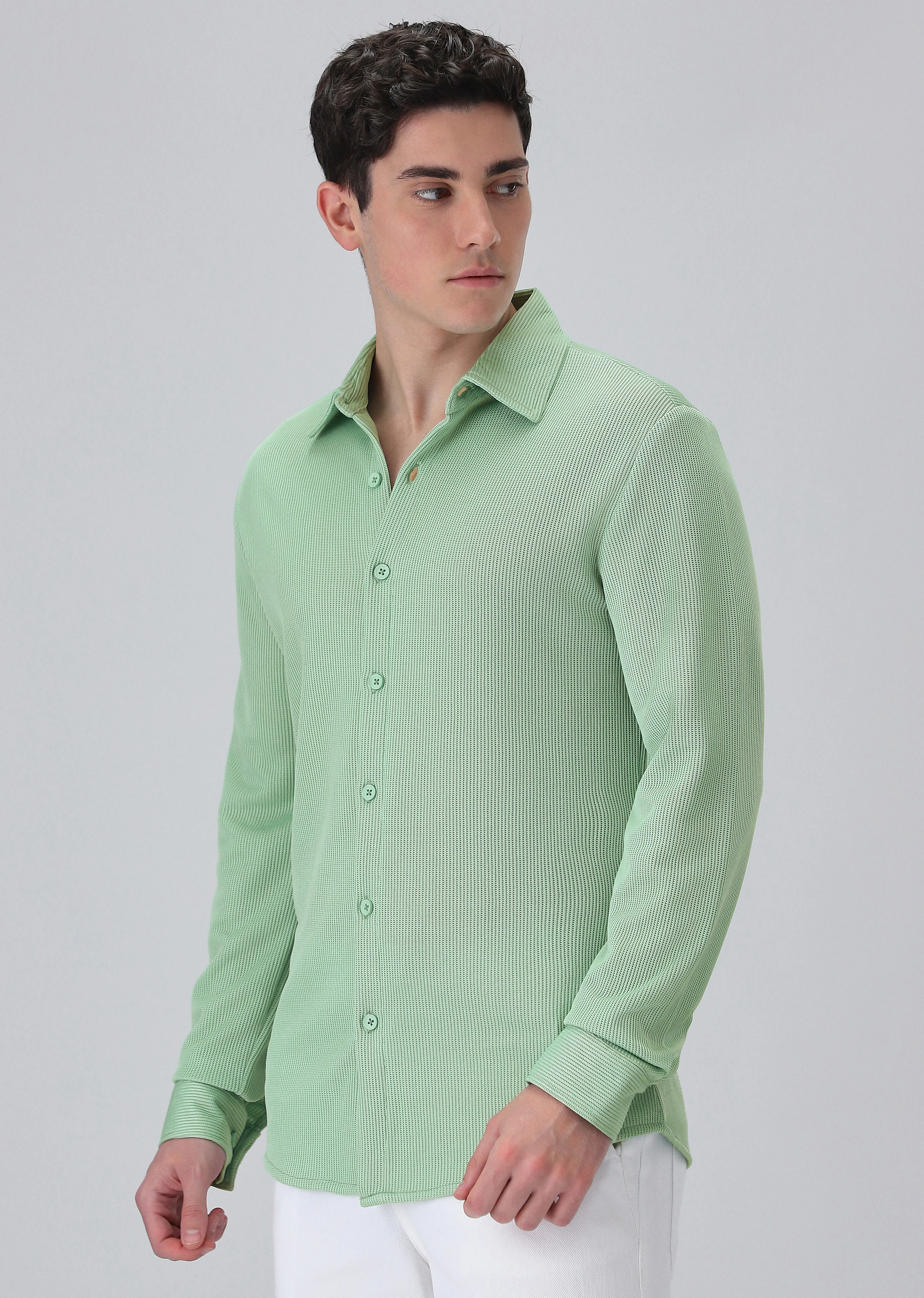 Mint Green Plain Knitted Shirt - Image 4