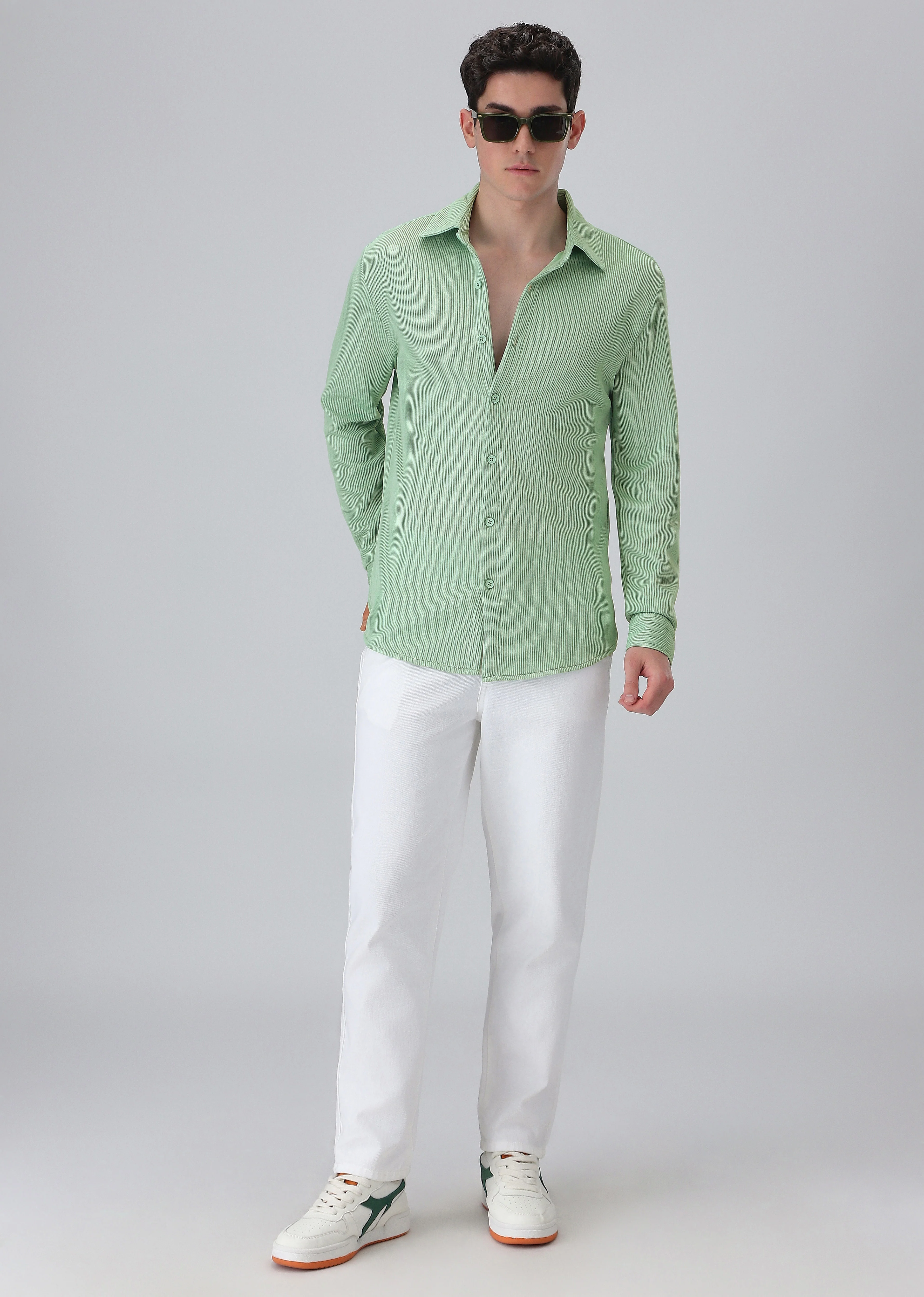 Mint Green Plain Knitted Shirt - Image 6