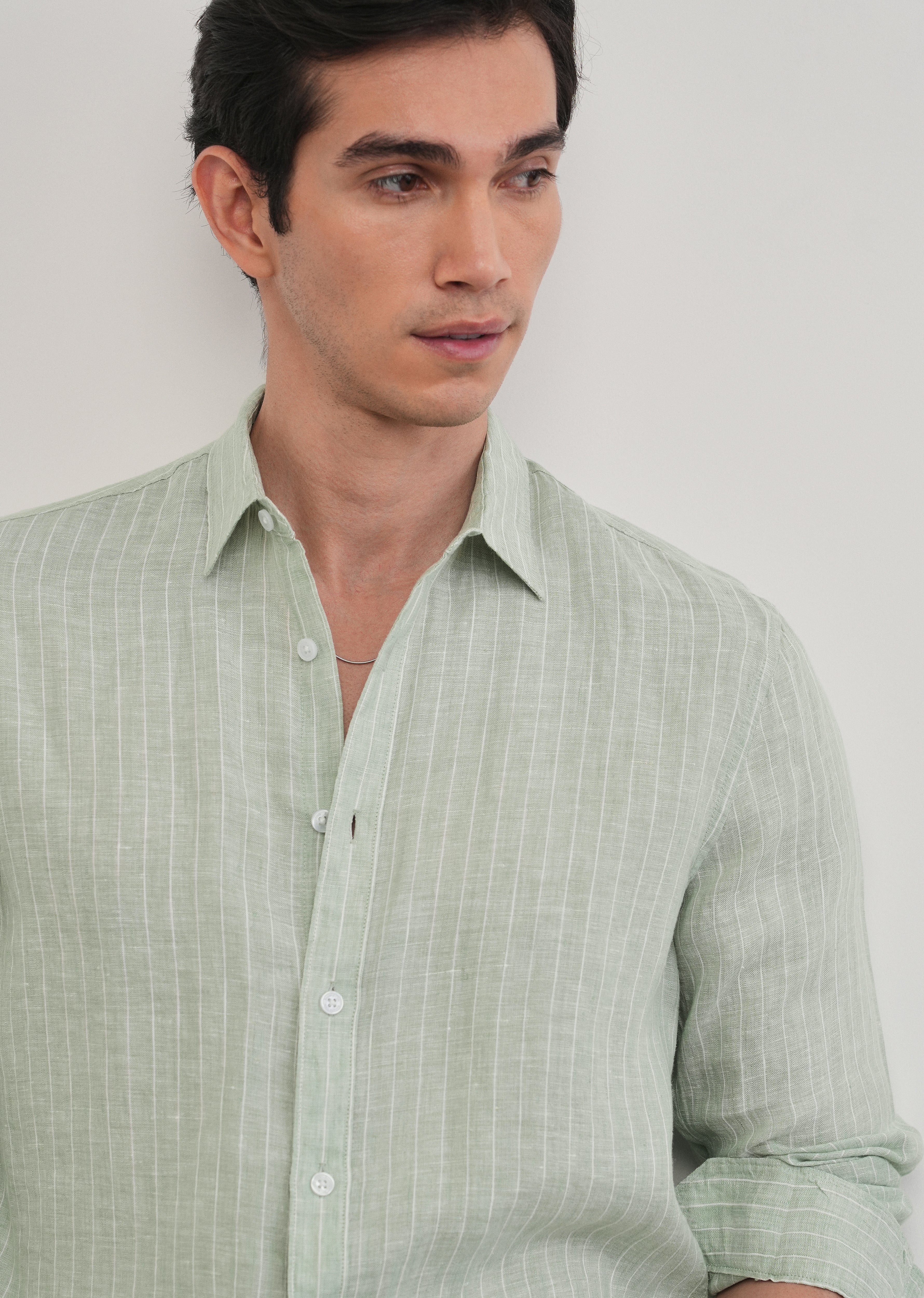 Mint Green Striped Pure Linen Shirt - Image 7