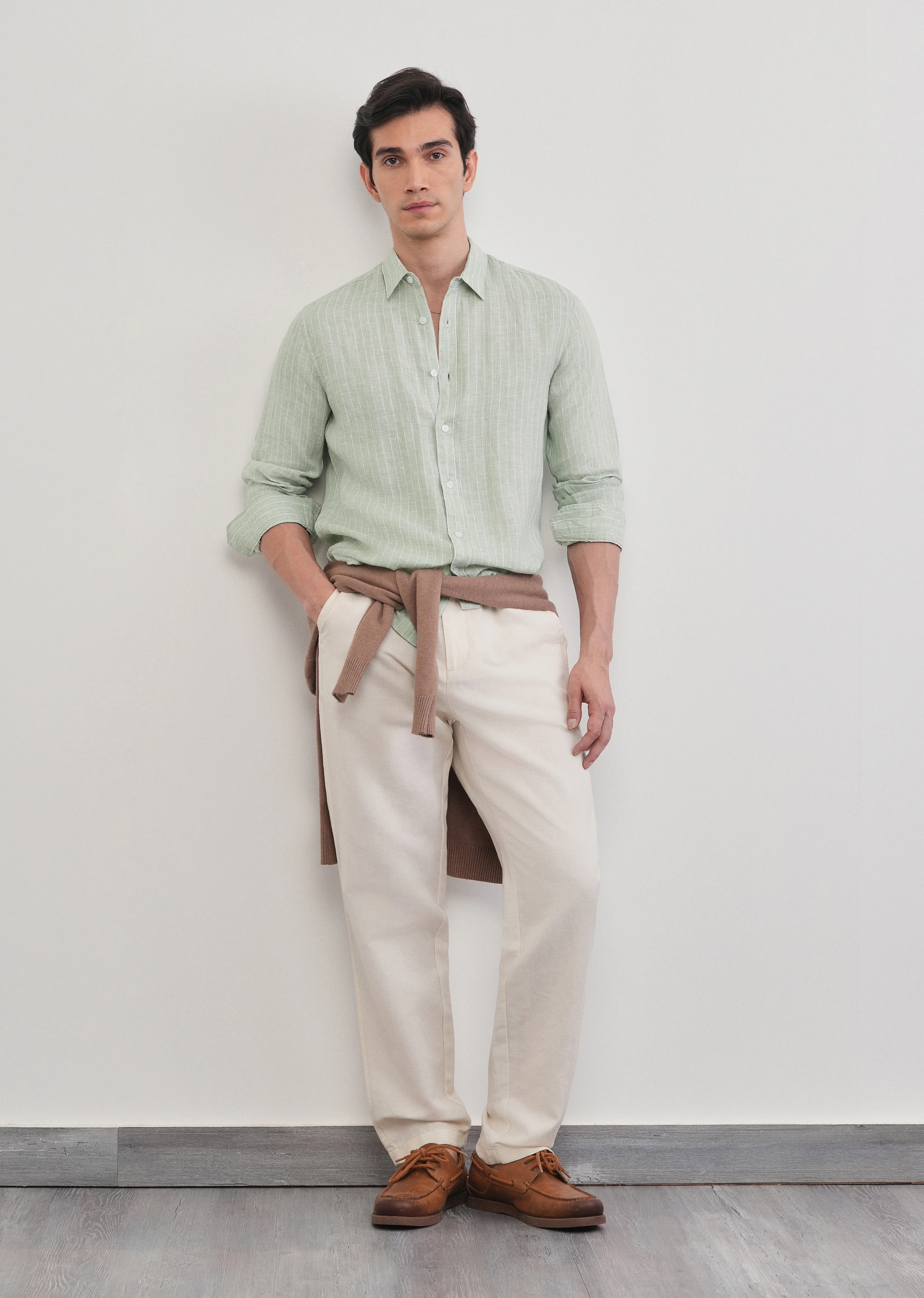 Mint Green Striped Pure Linen Shirt - Image 8