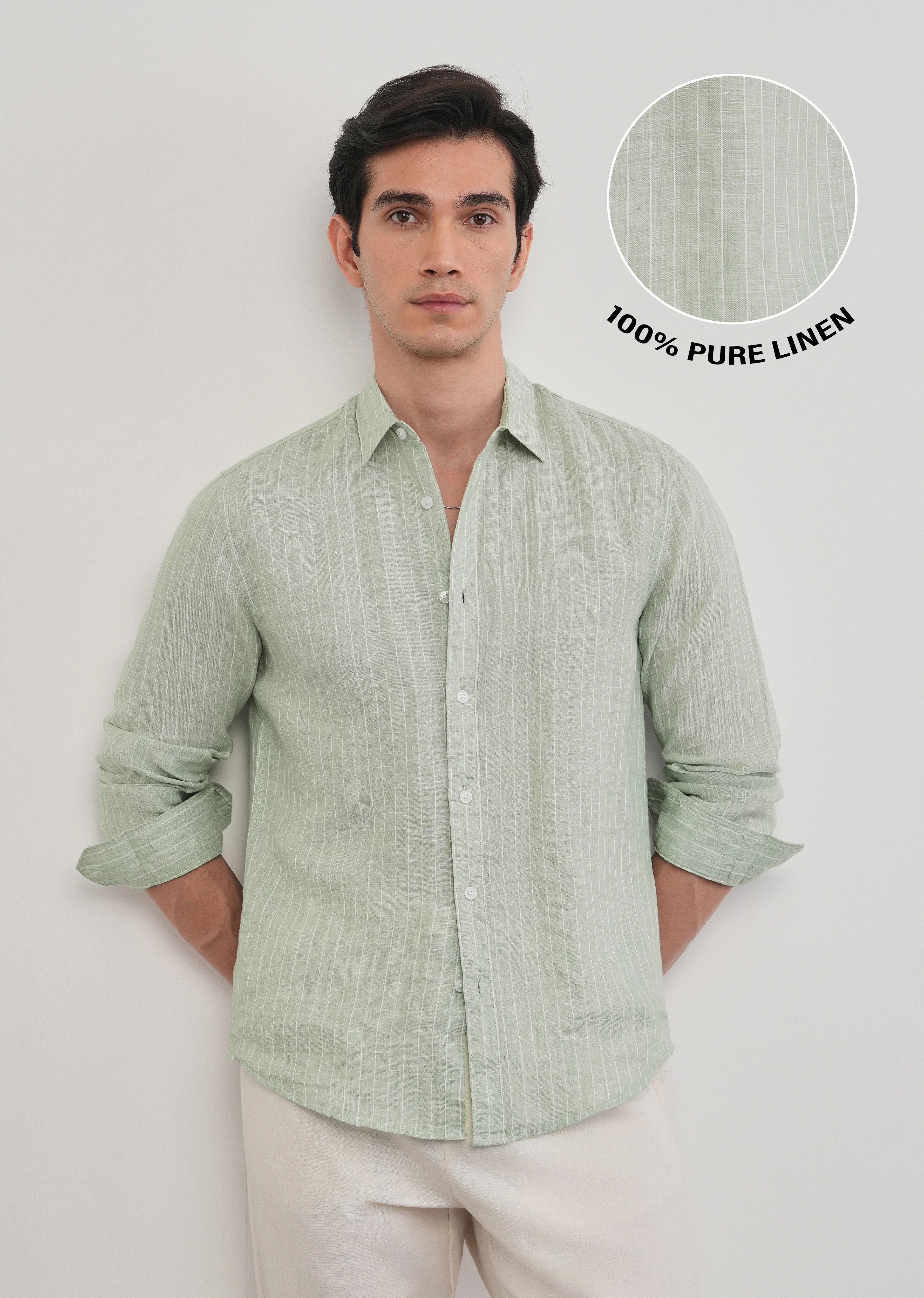 Mint Green Striped Pure Linen Shirt - Image 9