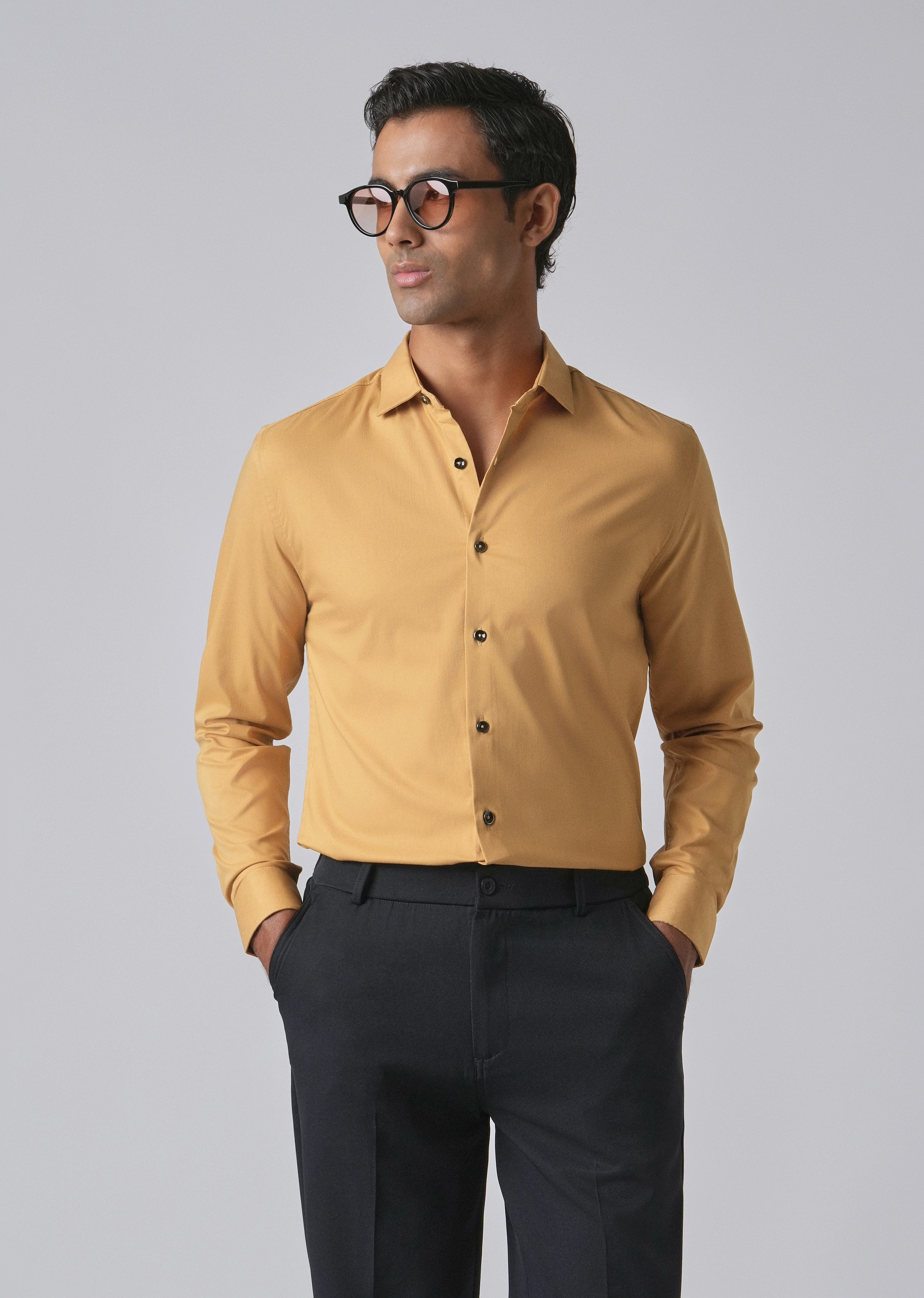 Mustard Cotton Stretch Plain Shirt - Image 7