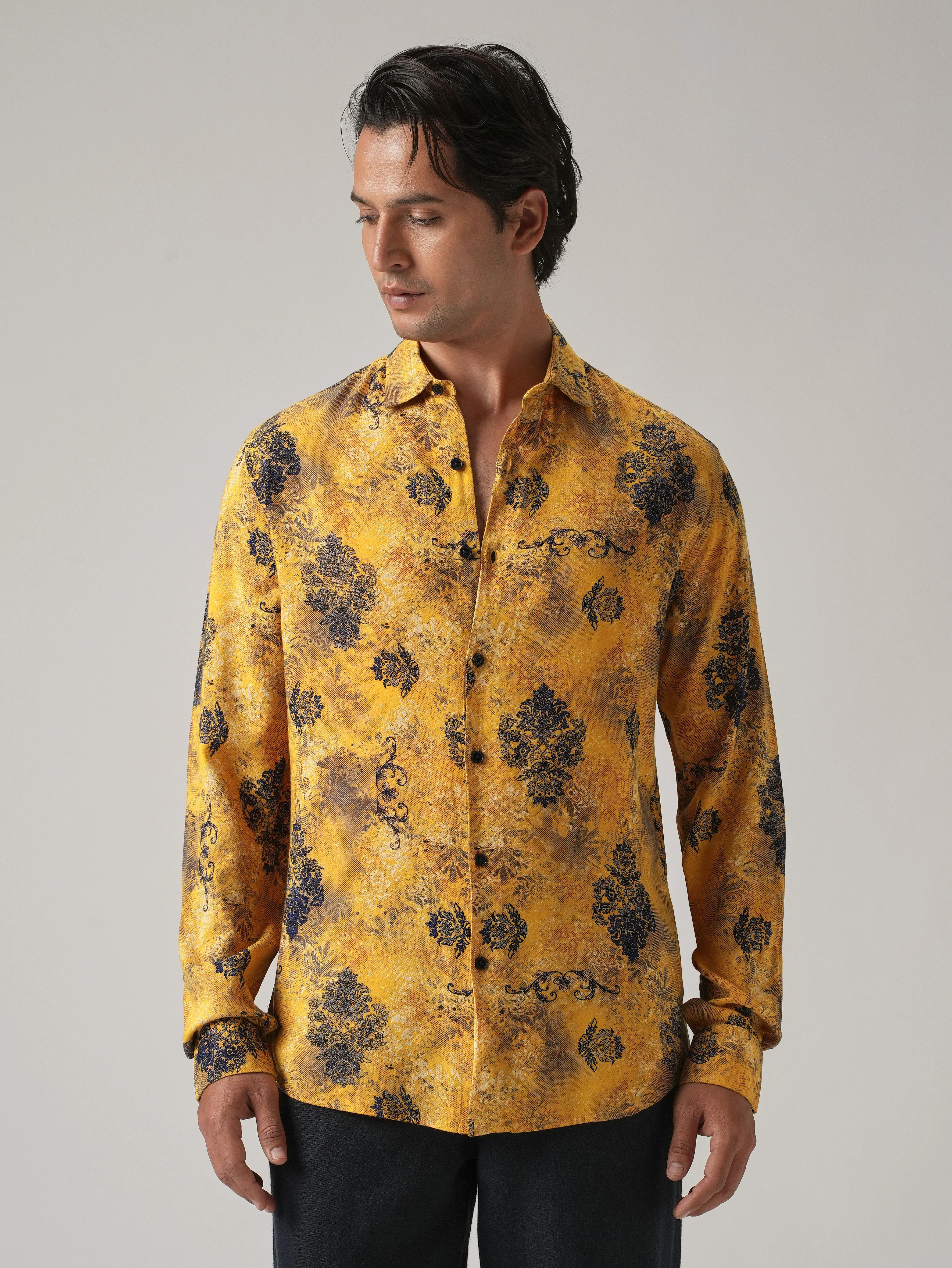 Mustard Floral Print Feather Shirt - Image 3