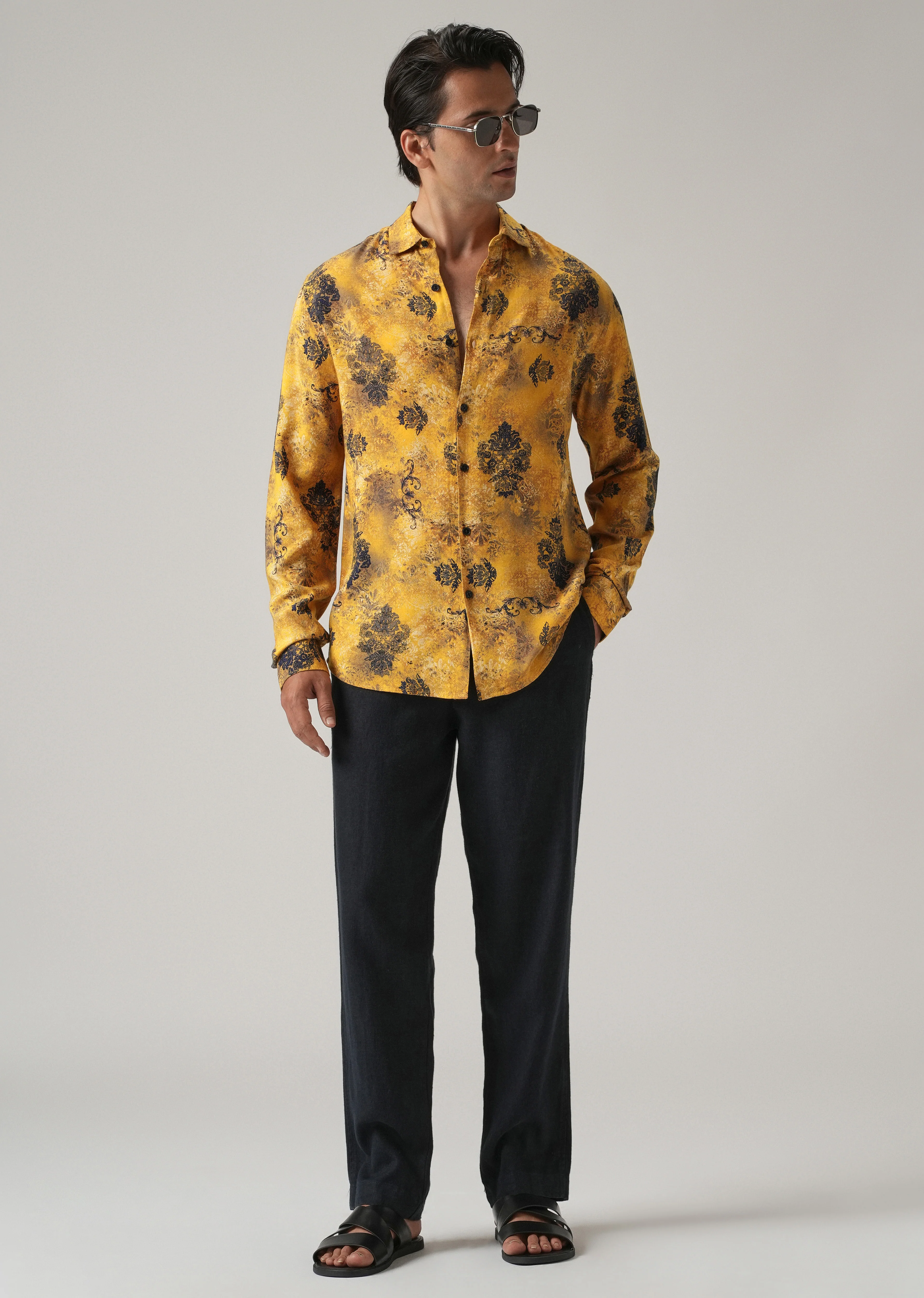 Mustard Floral Print Feather Shirt - Image 6