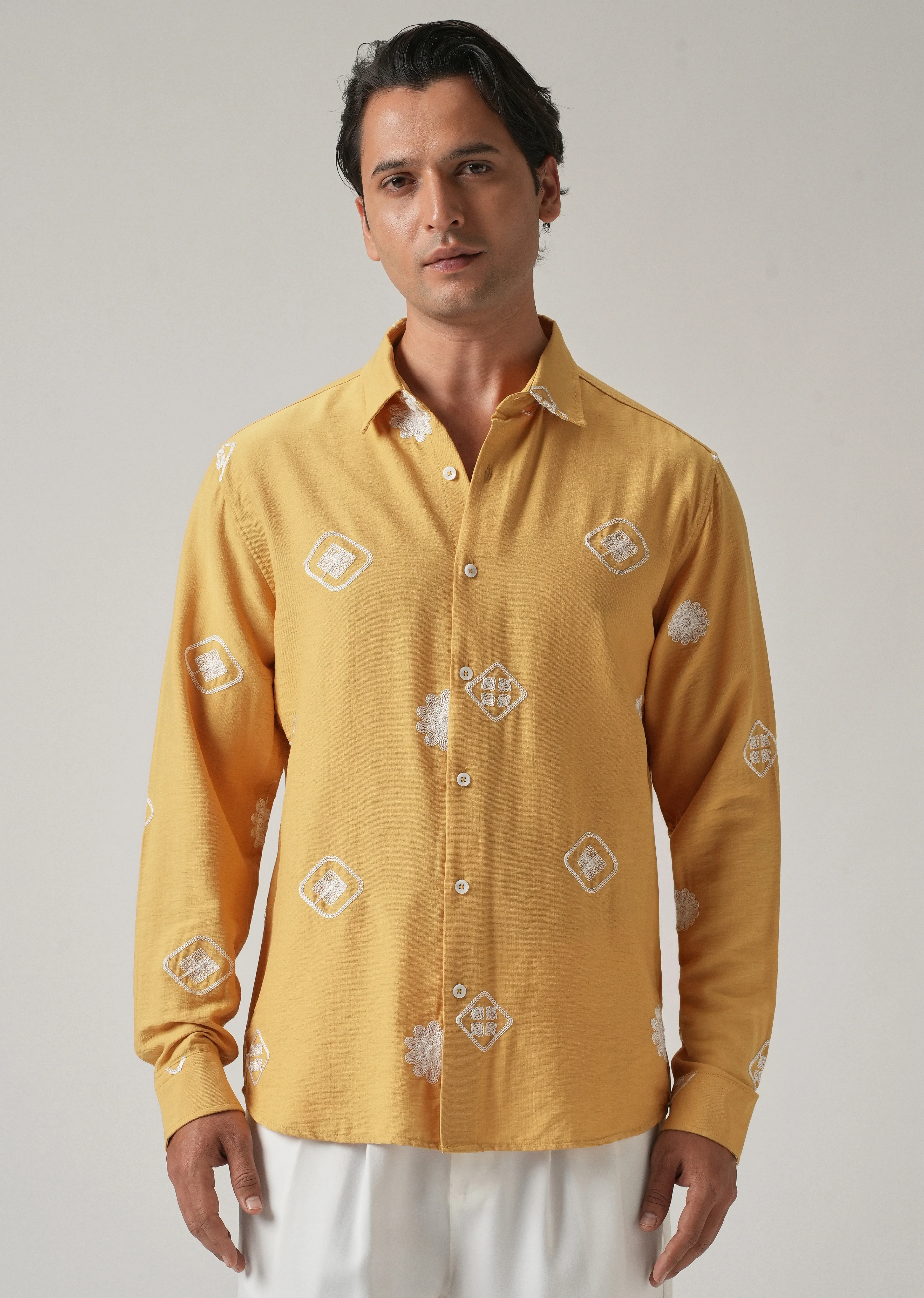 Mustard Motif Embroidery Shirt - Image 4
