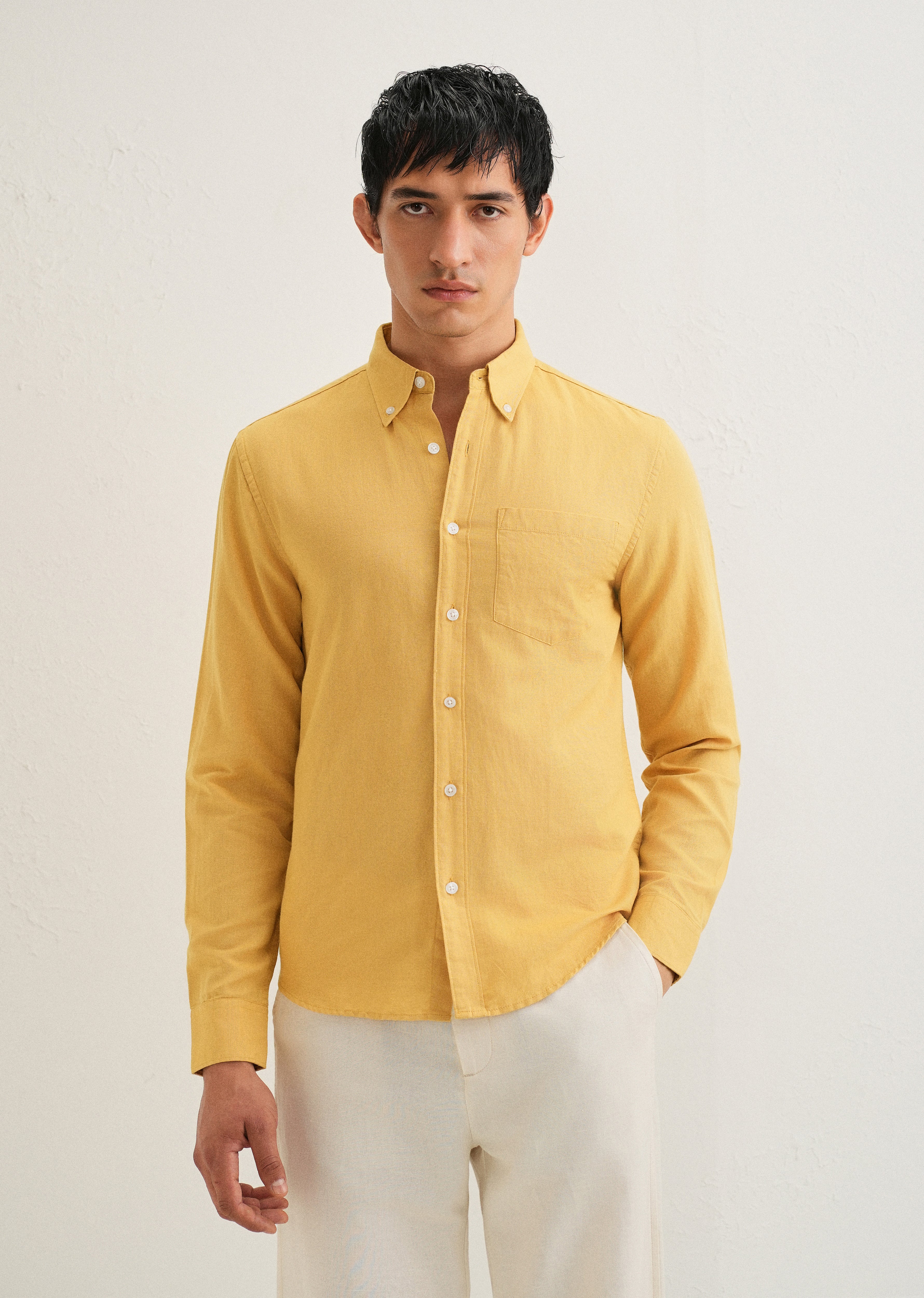 Mustard Yellow Cotton Linen Shirt - Image 3