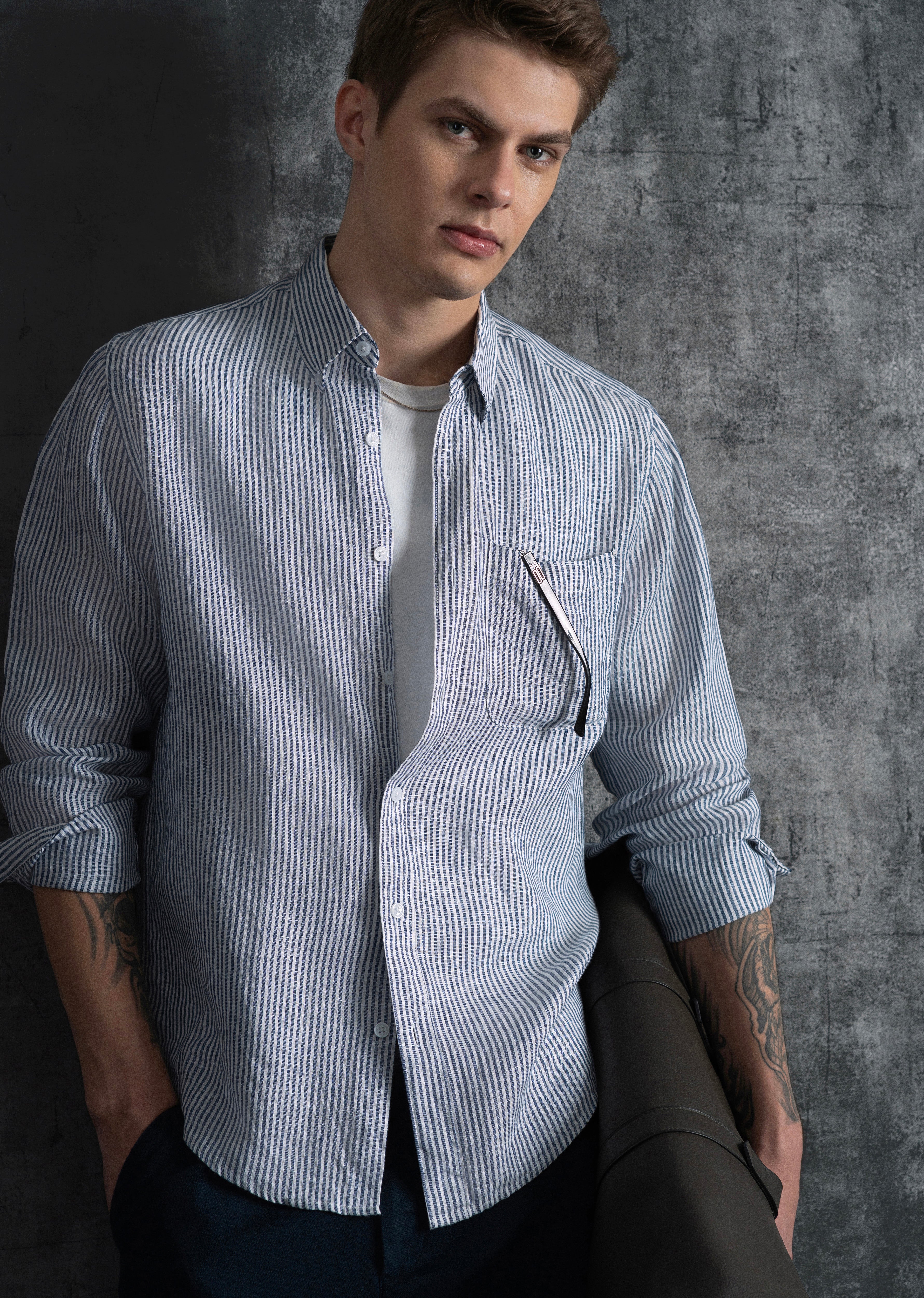 Navy Blue 100% Pure Linen Stripe Shirt - Image 2