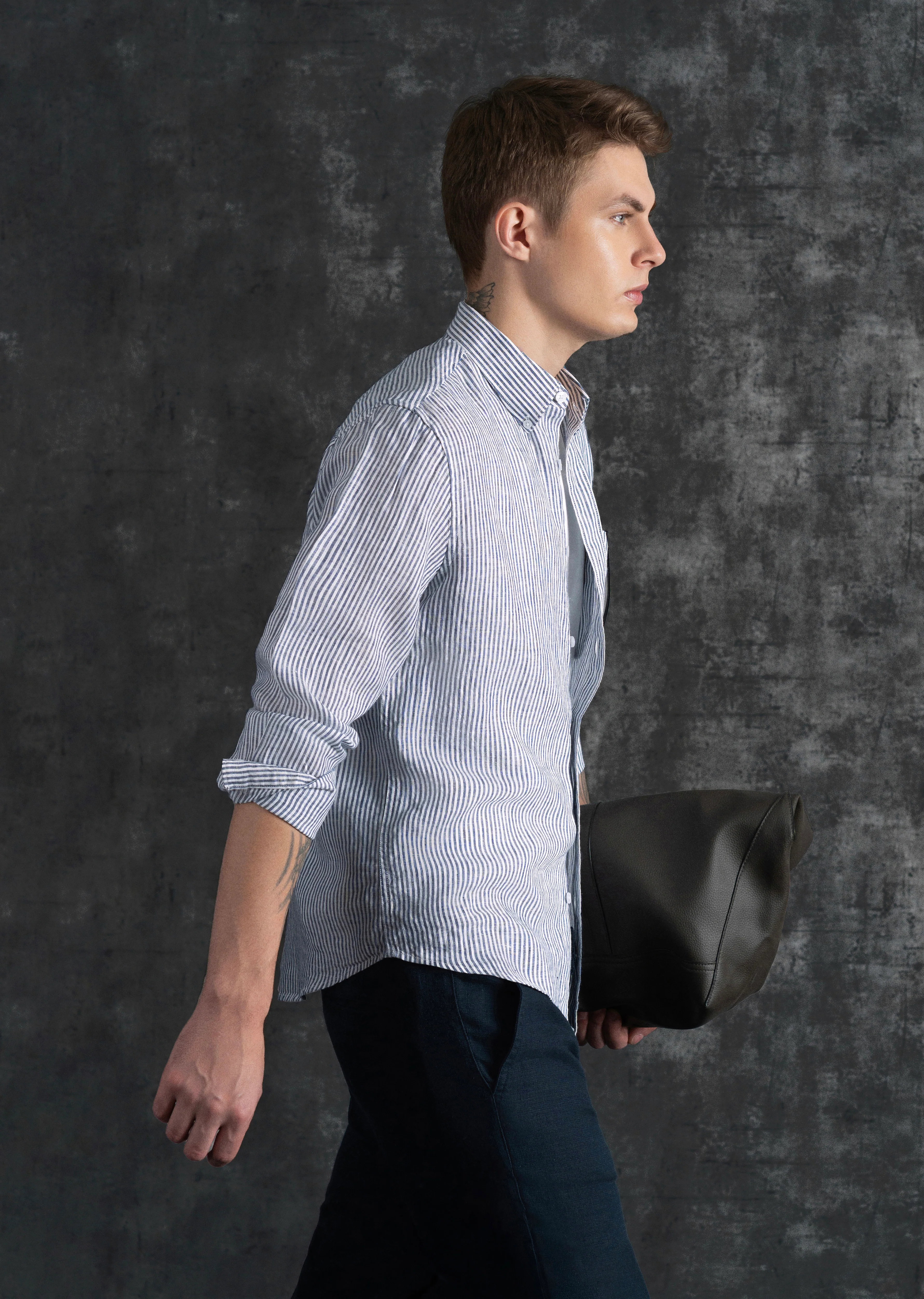 Navy Blue 100% Pure Linen Stripe Shirt - Image 6