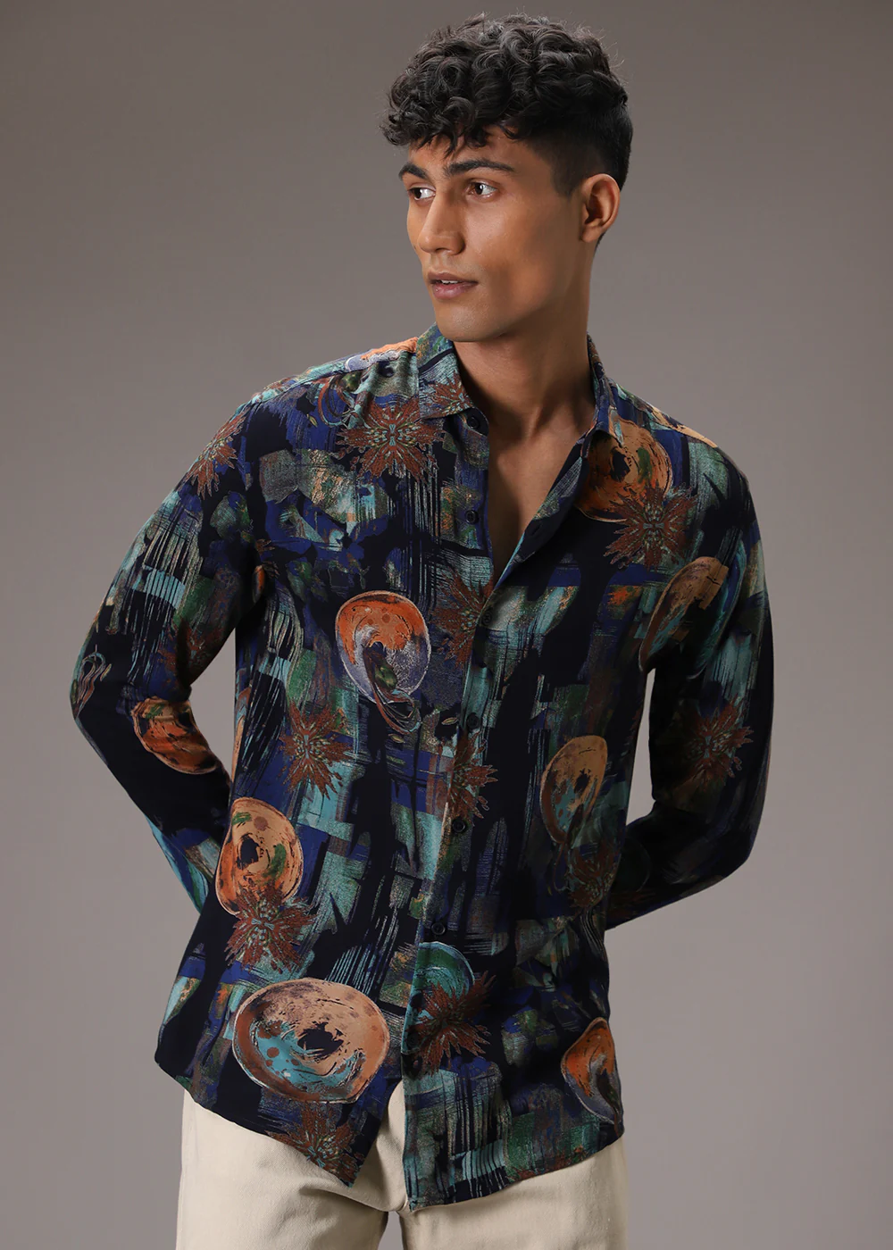 Navy Blue Abstract Feather Shirt - Image 6
