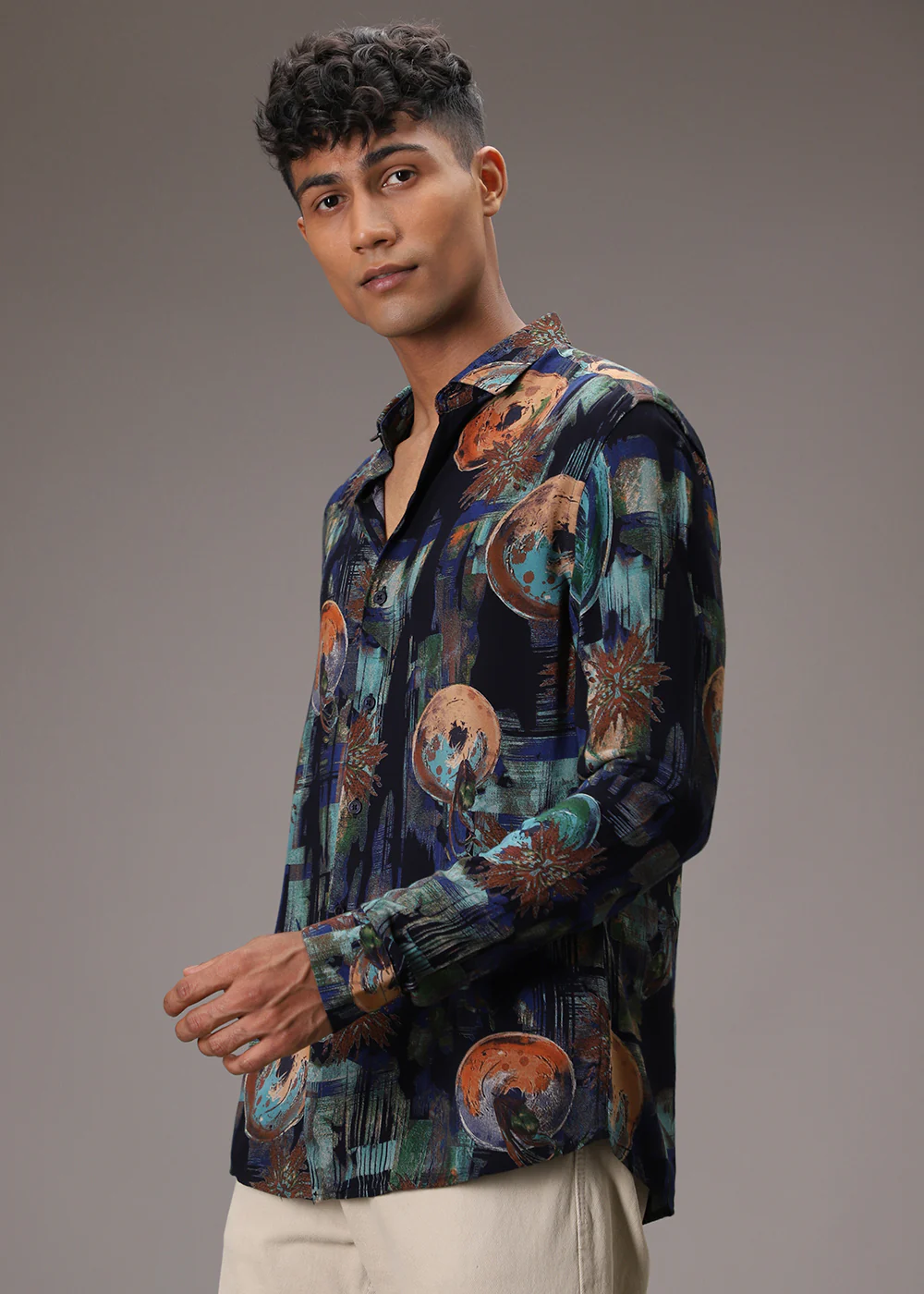 Navy Blue Abstract Feather Shirt - Image 7