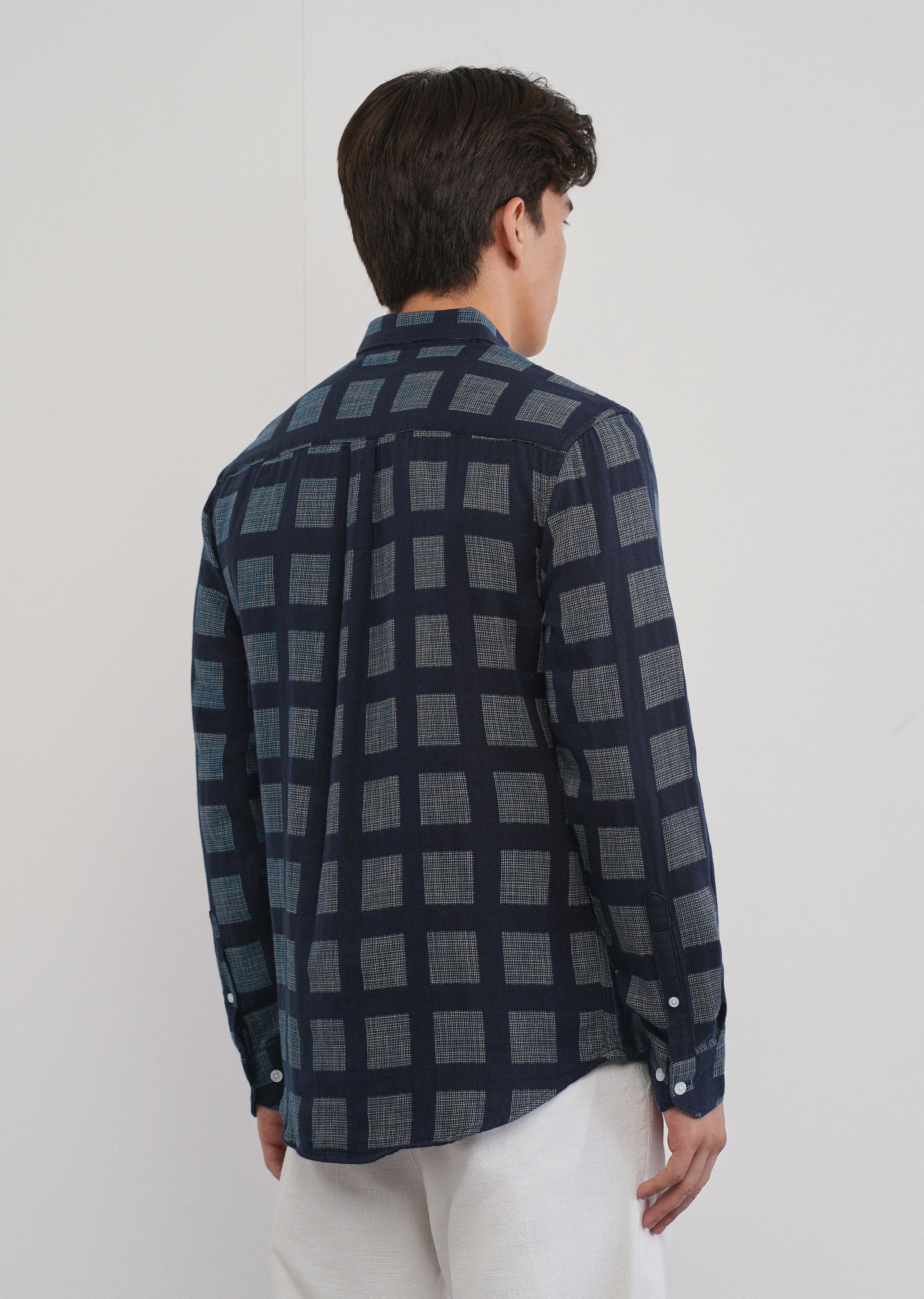 Navy Blue Broken Check Cotton Linen Shirt - Image 2