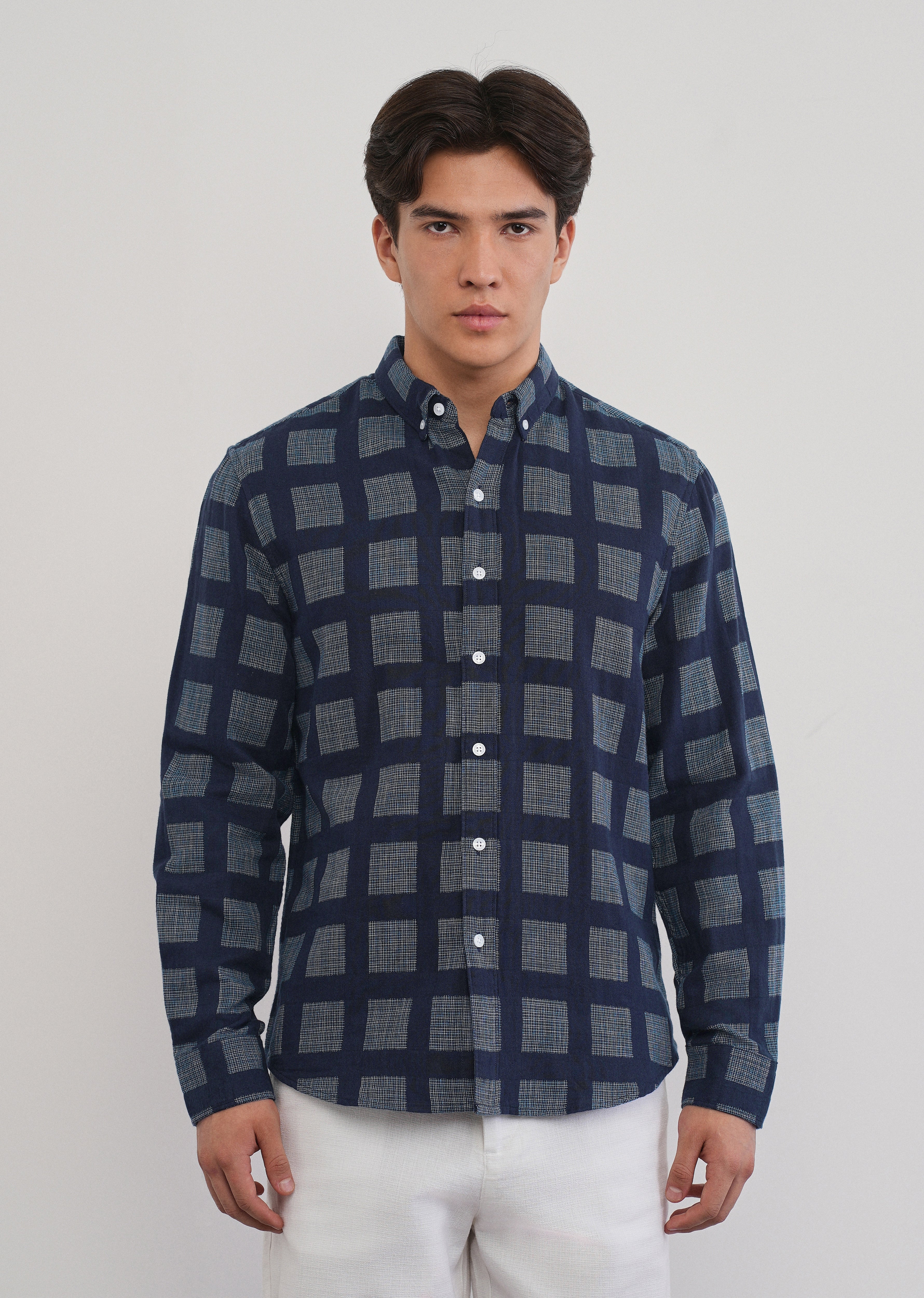 Navy Blue Broken Check Cotton Linen Shirt - Image 3