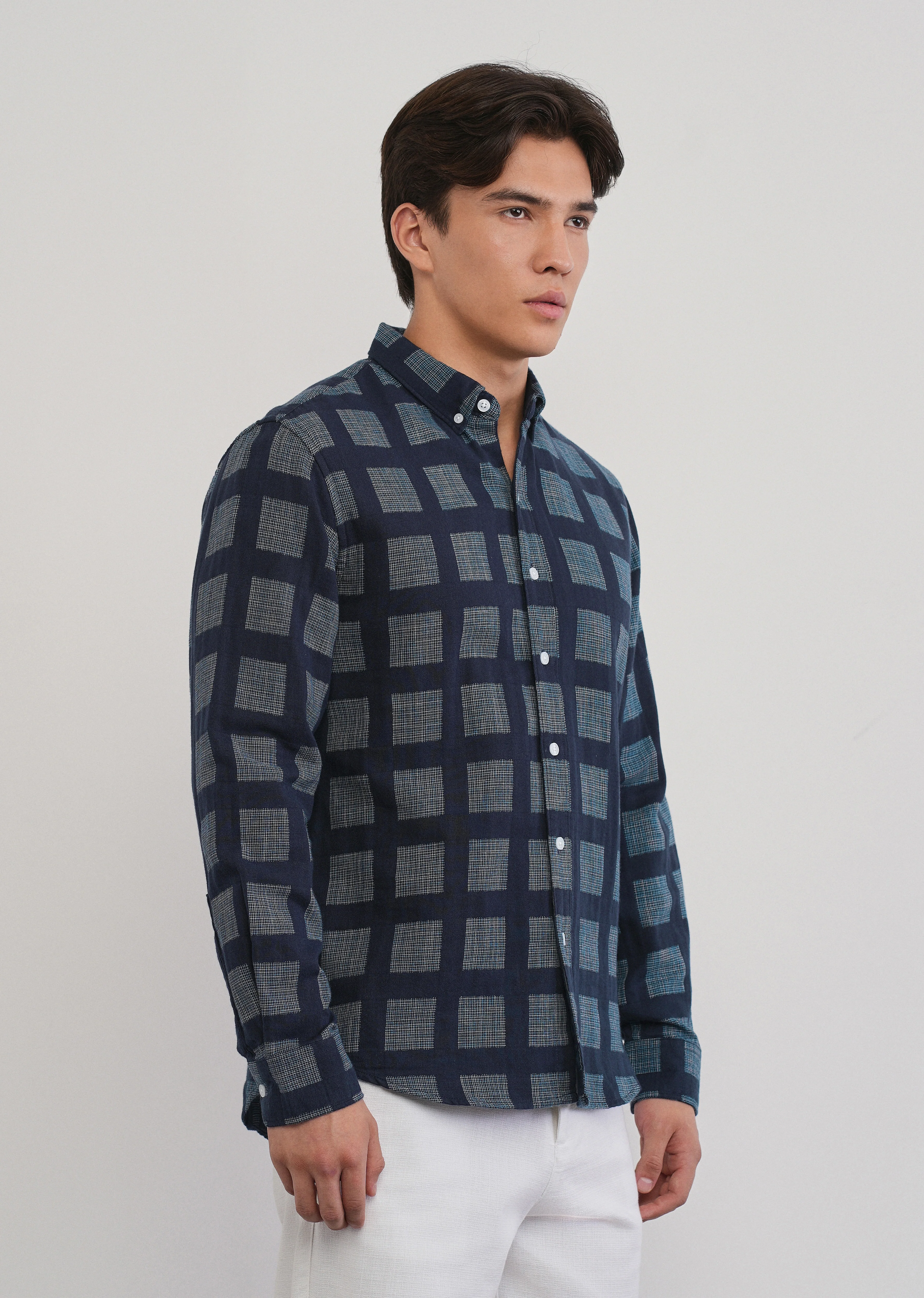 Navy Blue Broken Check Cotton Linen Shirt - Image 4