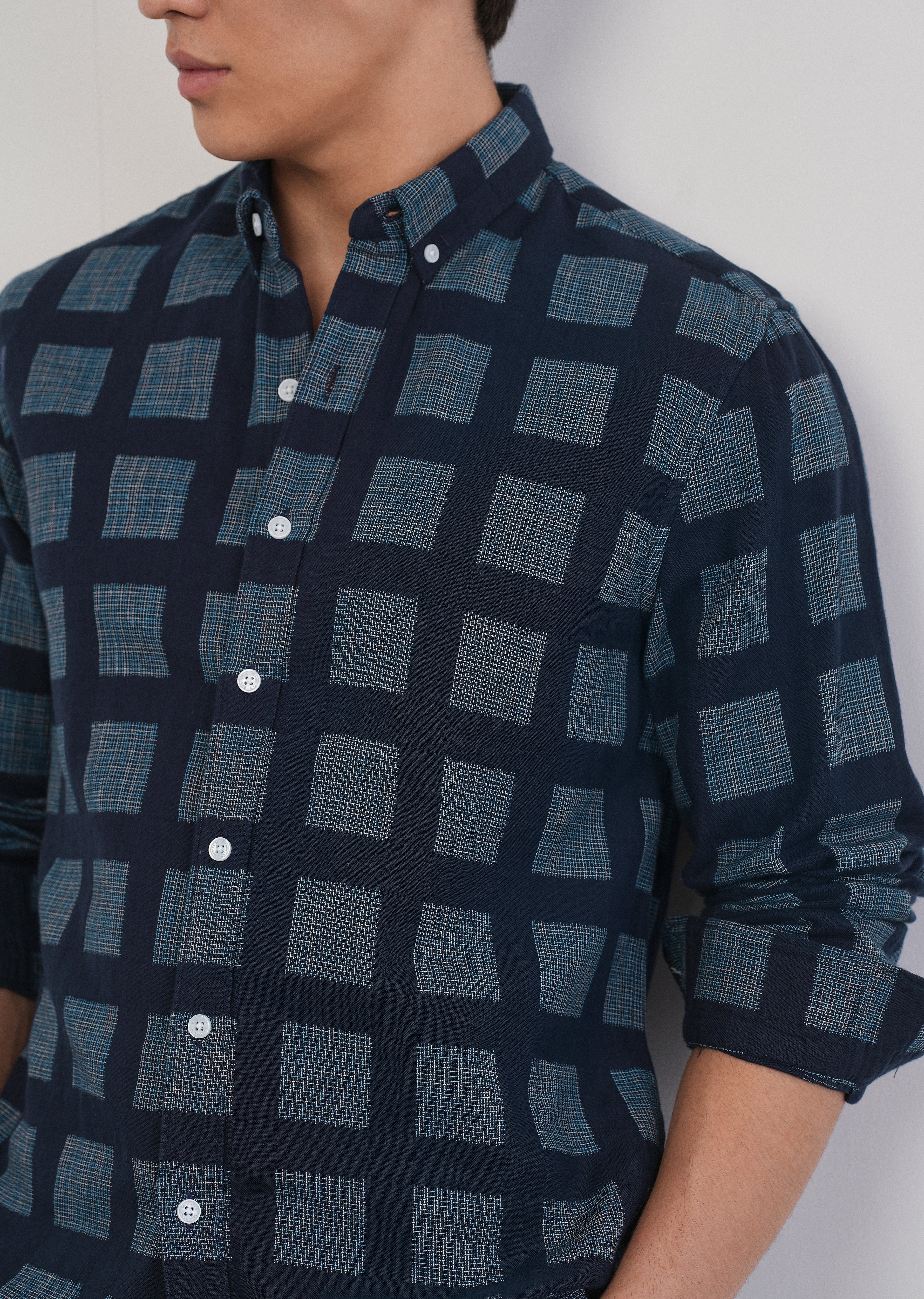 Navy Blue Broken Check Cotton Linen Shirt - Image 5