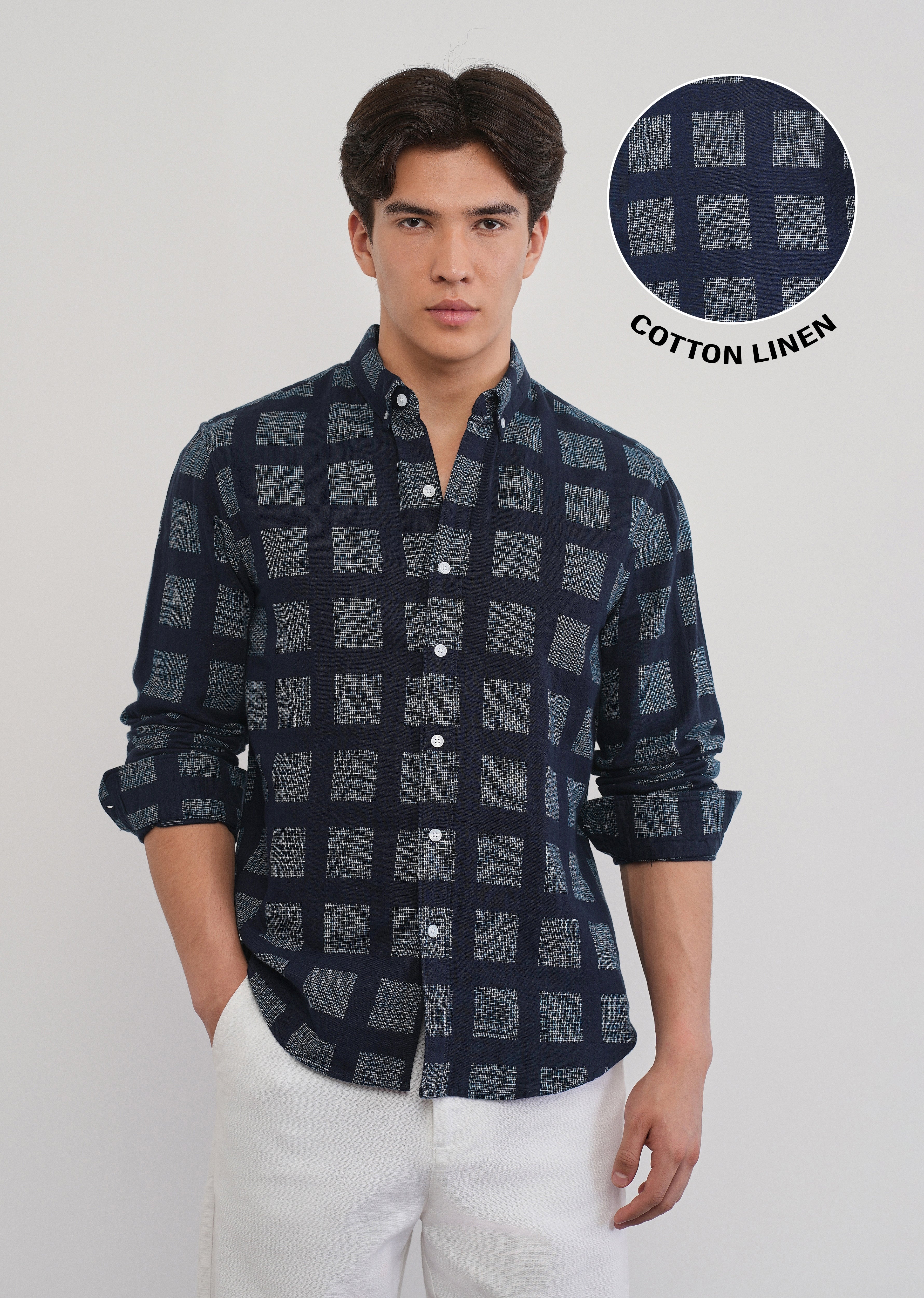 Navy Blue Broken Check Cotton Linen Shirt - Image 7