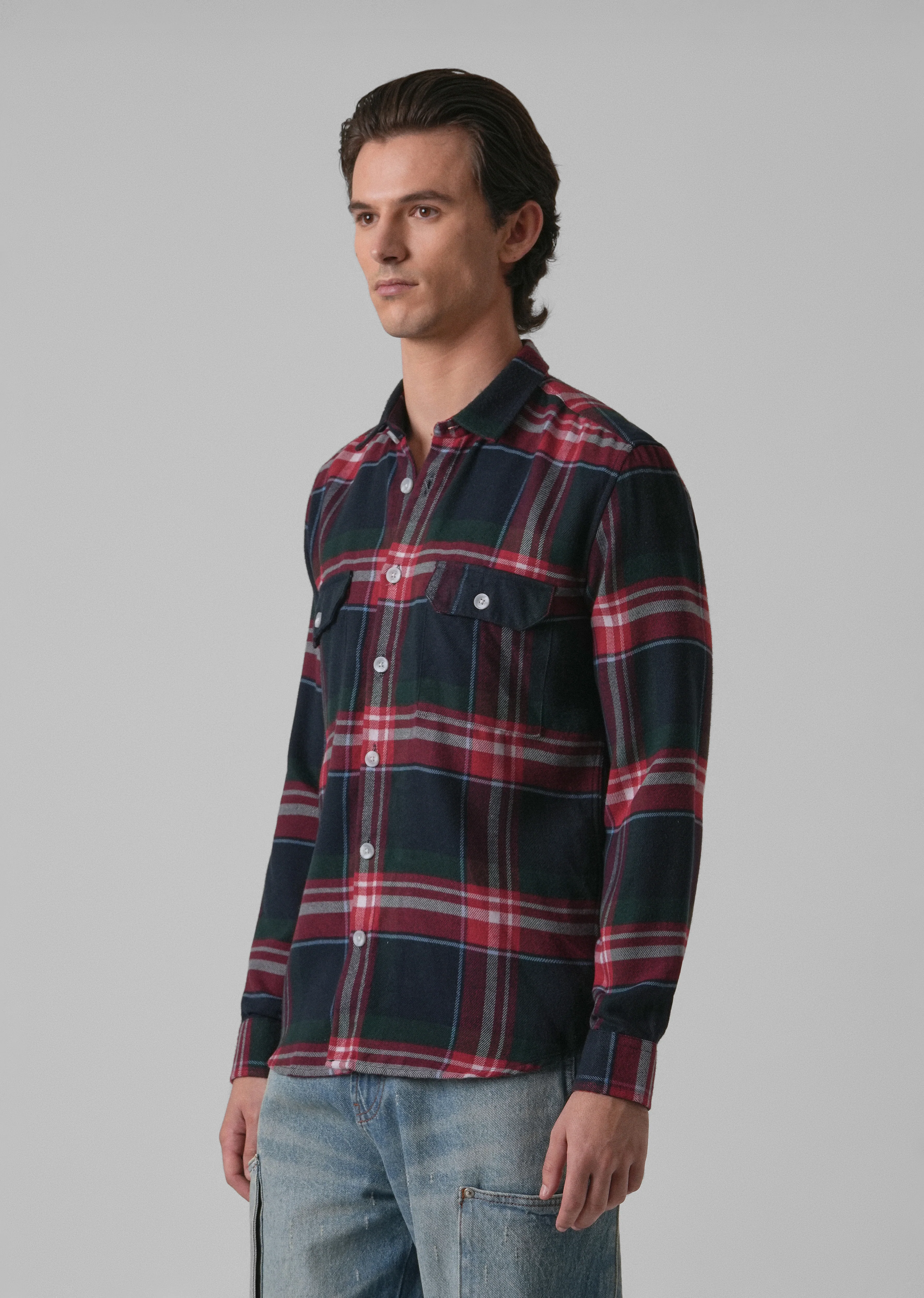 Navy Blue Brushed Cotton Check Shirt - Image 4