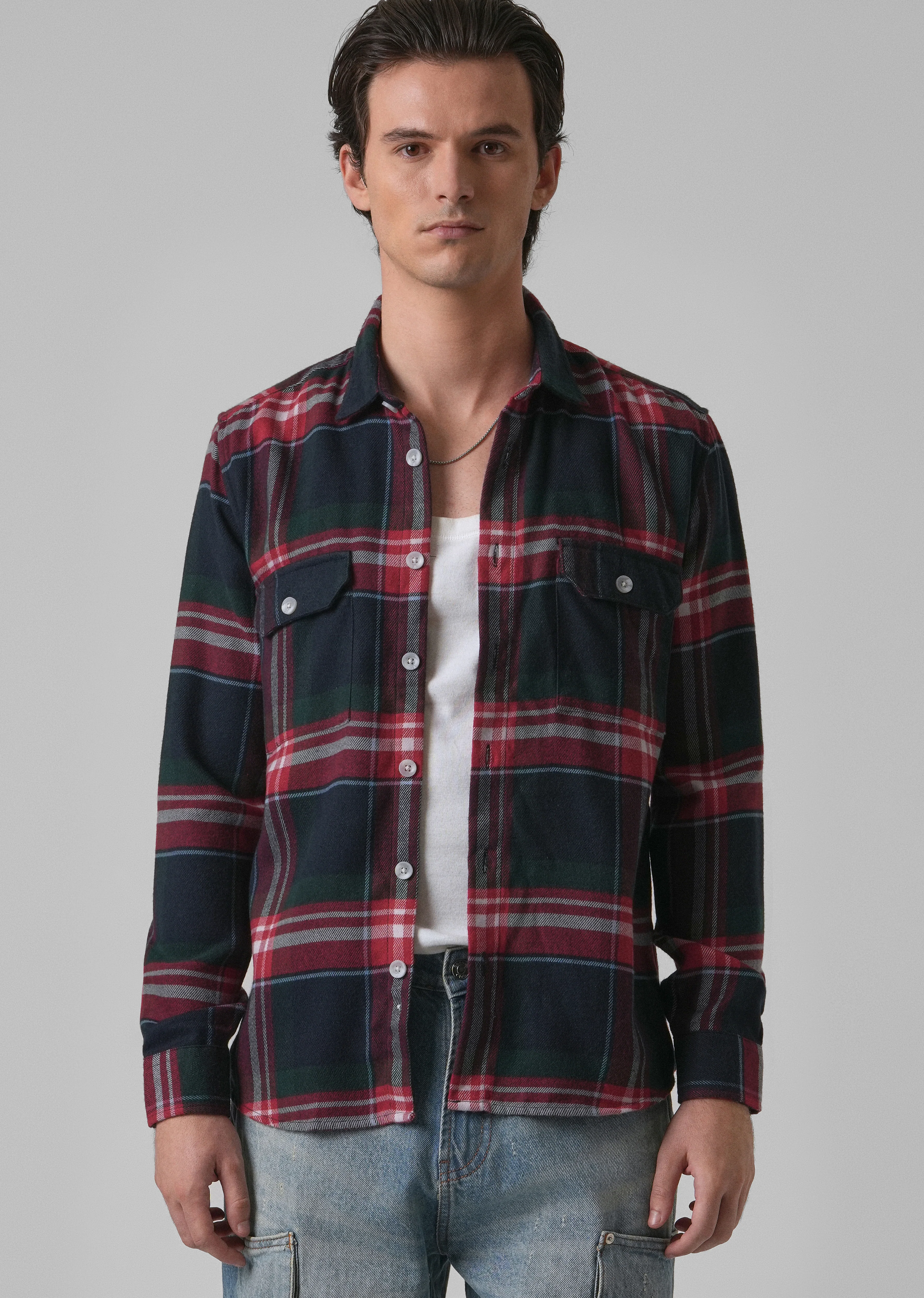 Navy Blue Brushed Cotton Check Shirt - Image 7