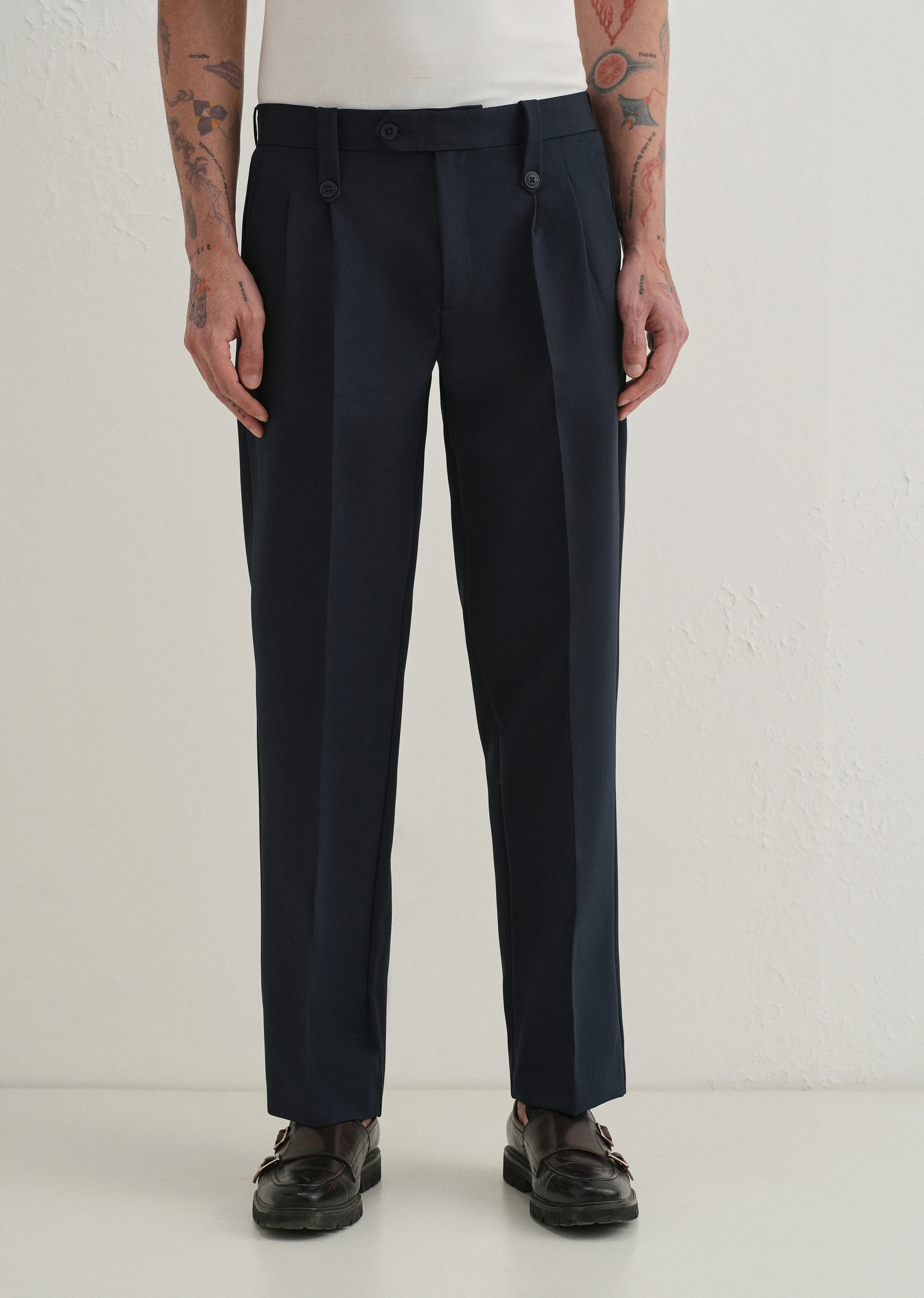 Navy Blue Button-Tab Pleat Trouser - Image 3