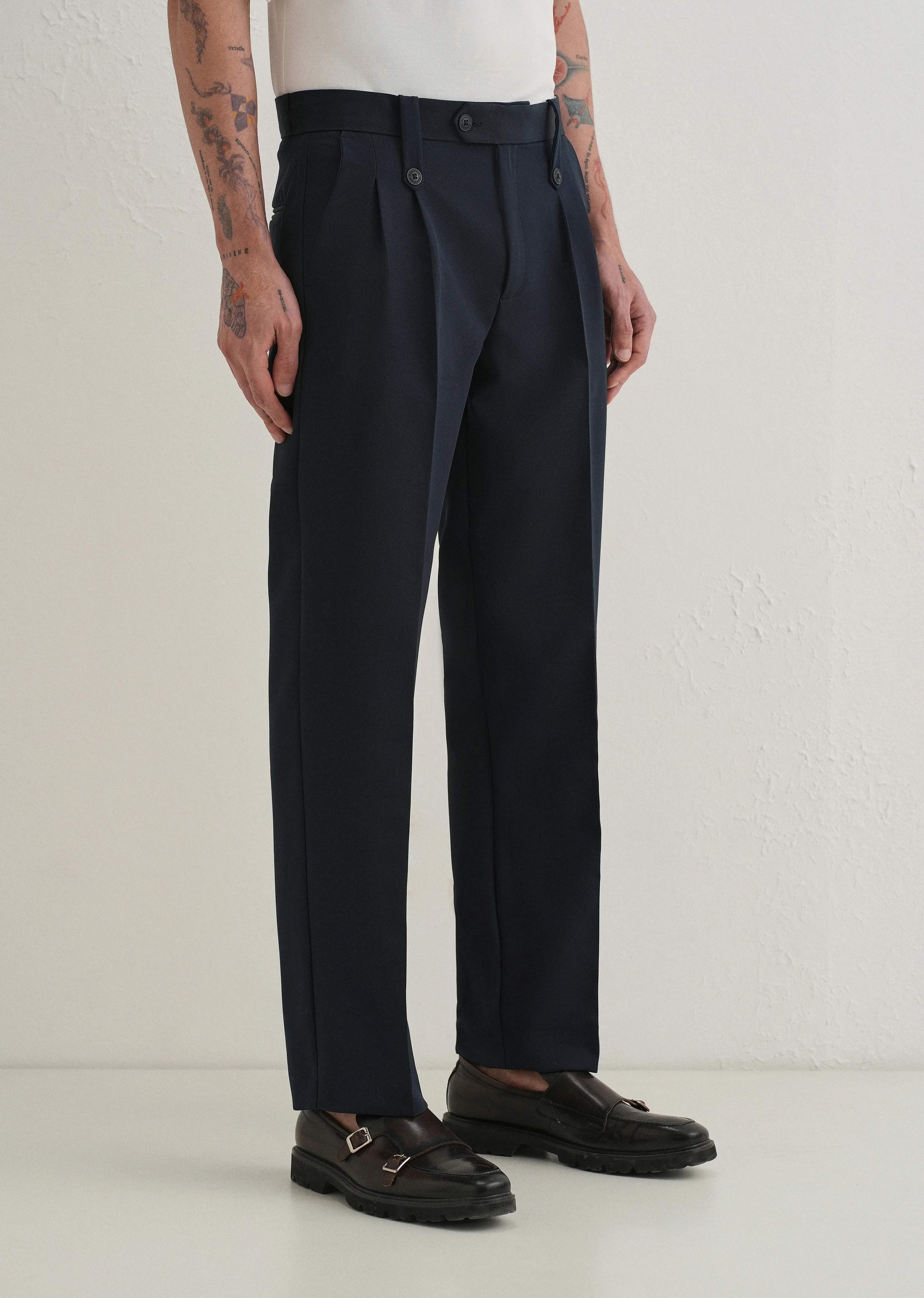 Navy Blue Button-Tab Pleat Trouser - Image 4