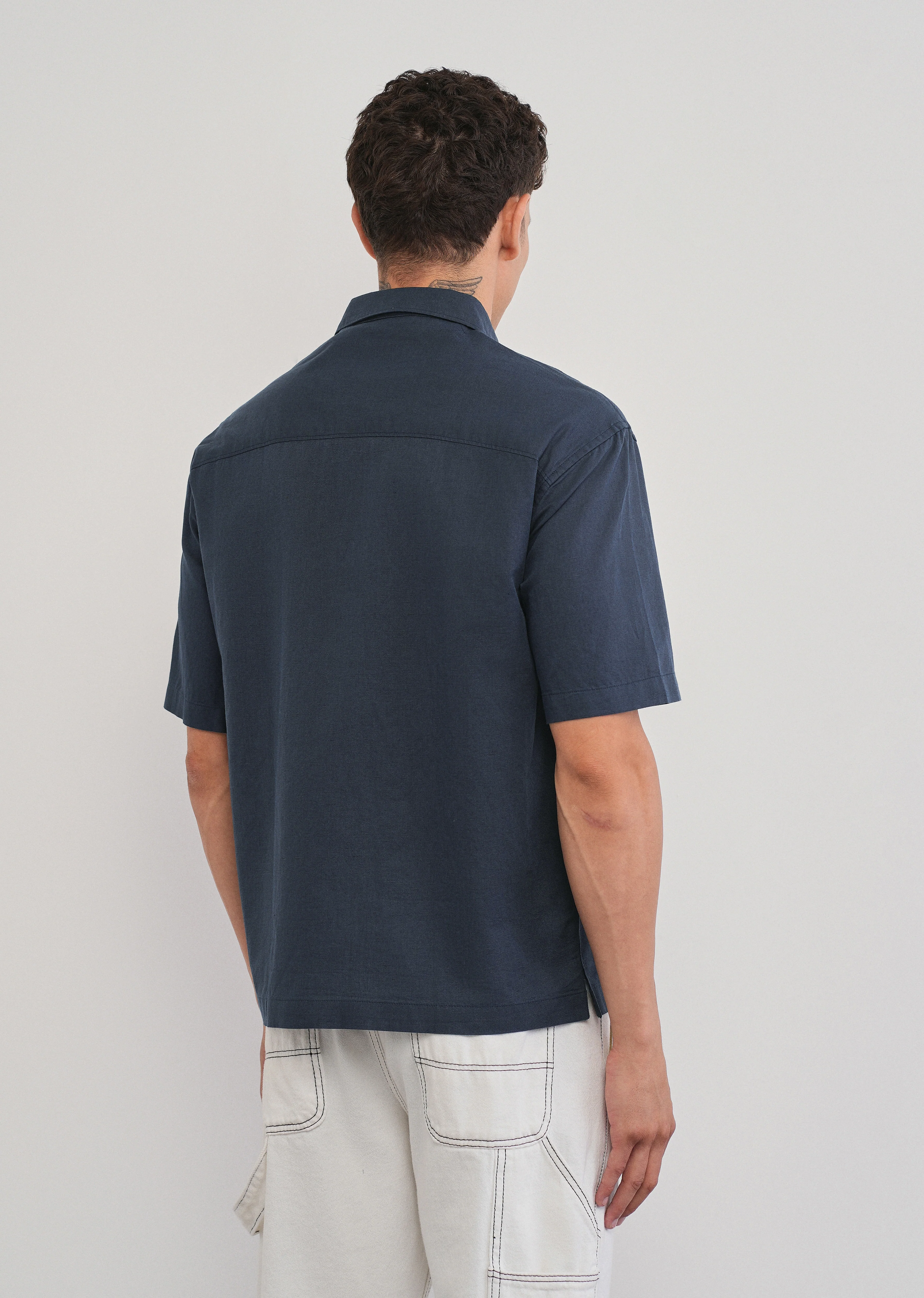 Navy Blue Cotton Linen Half Sleeve Shirt - Image 2