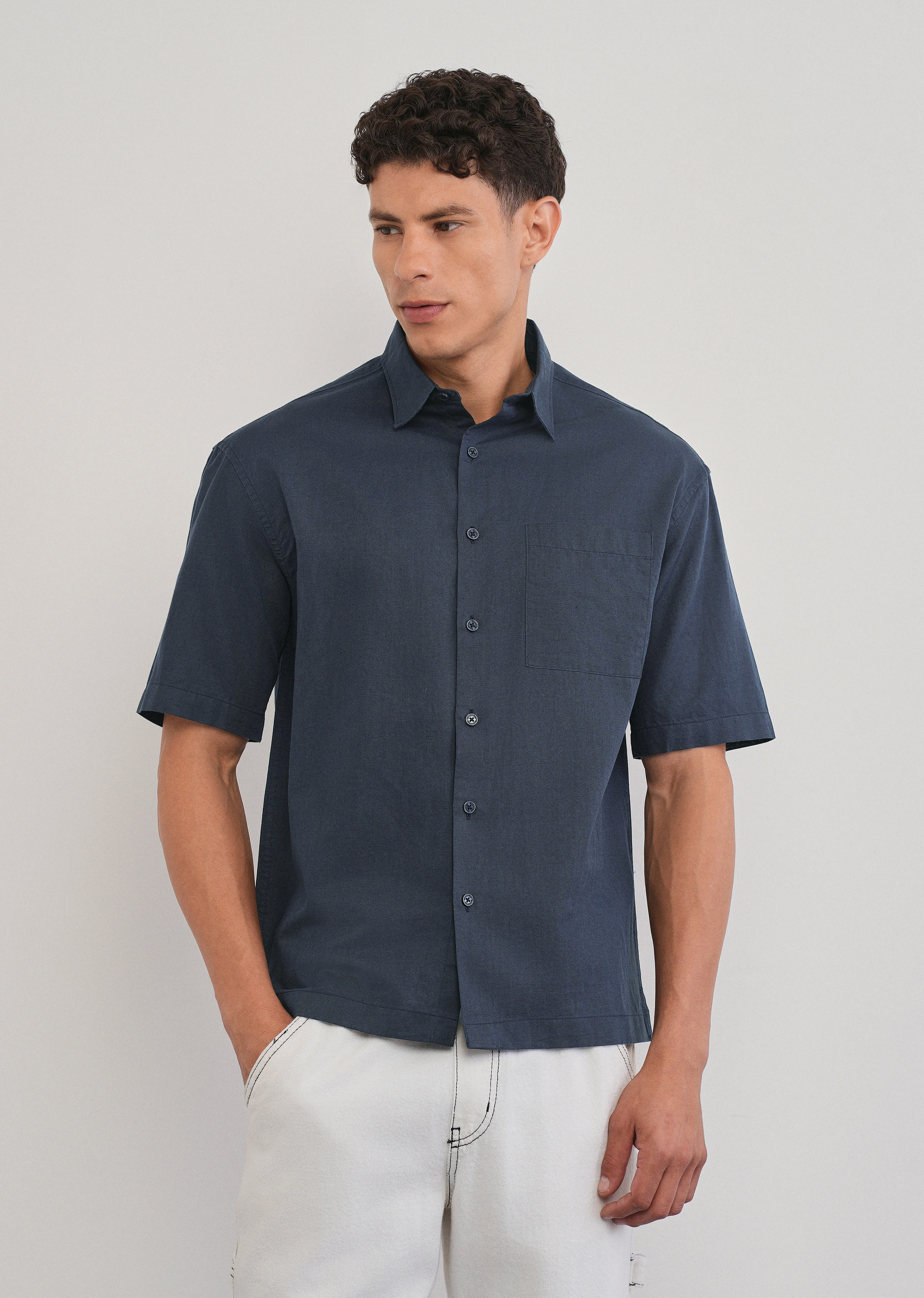 Navy Blue Cotton Linen Half Sleeve Shirt - Image 3
