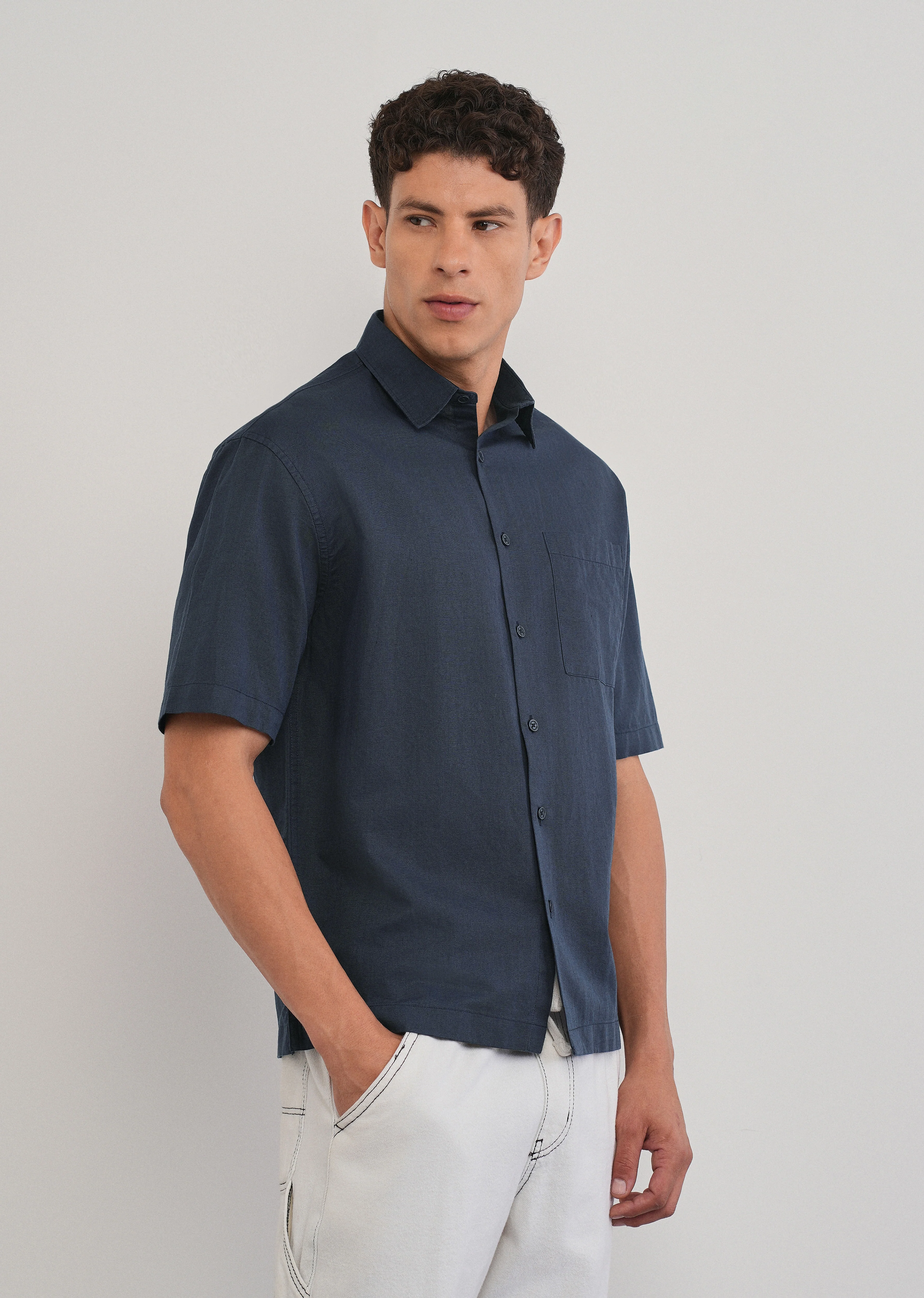 Navy Blue Cotton Linen Half Sleeve Shirt - Image 4
