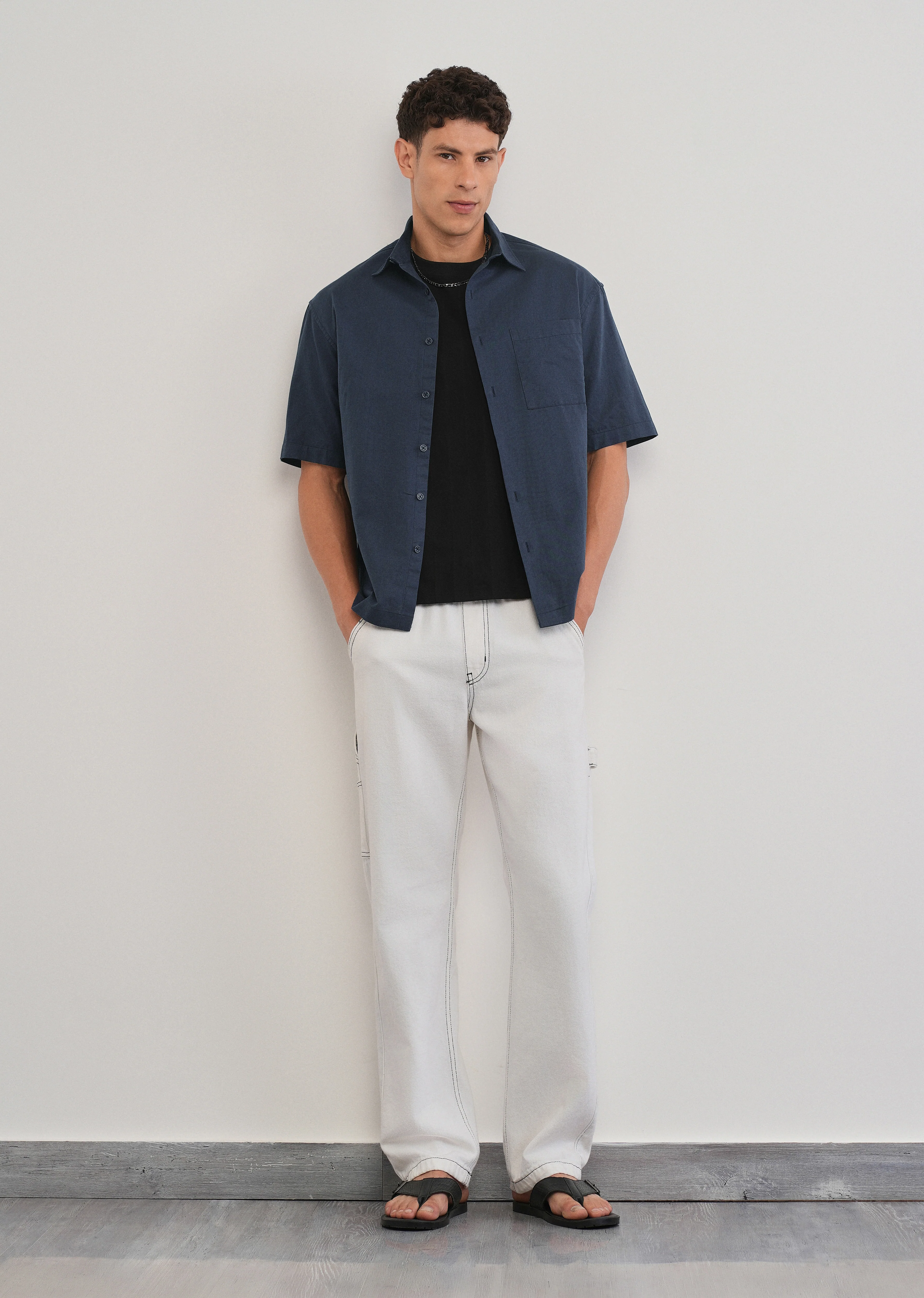 Navy Blue Cotton Linen Half Sleeve Shirt - Image 6