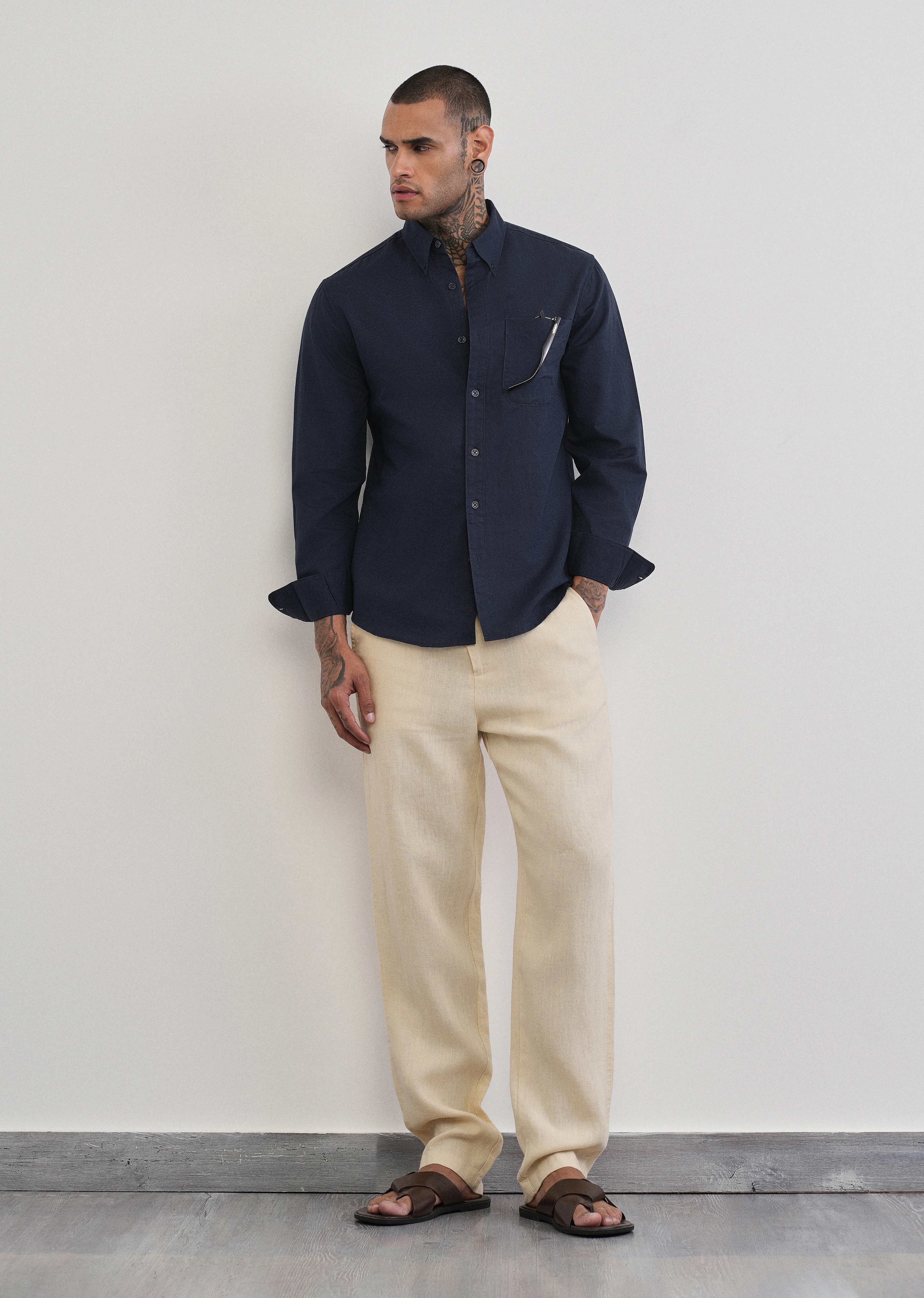Navy Blue Cotton Linen Plain Shirt - Image 6