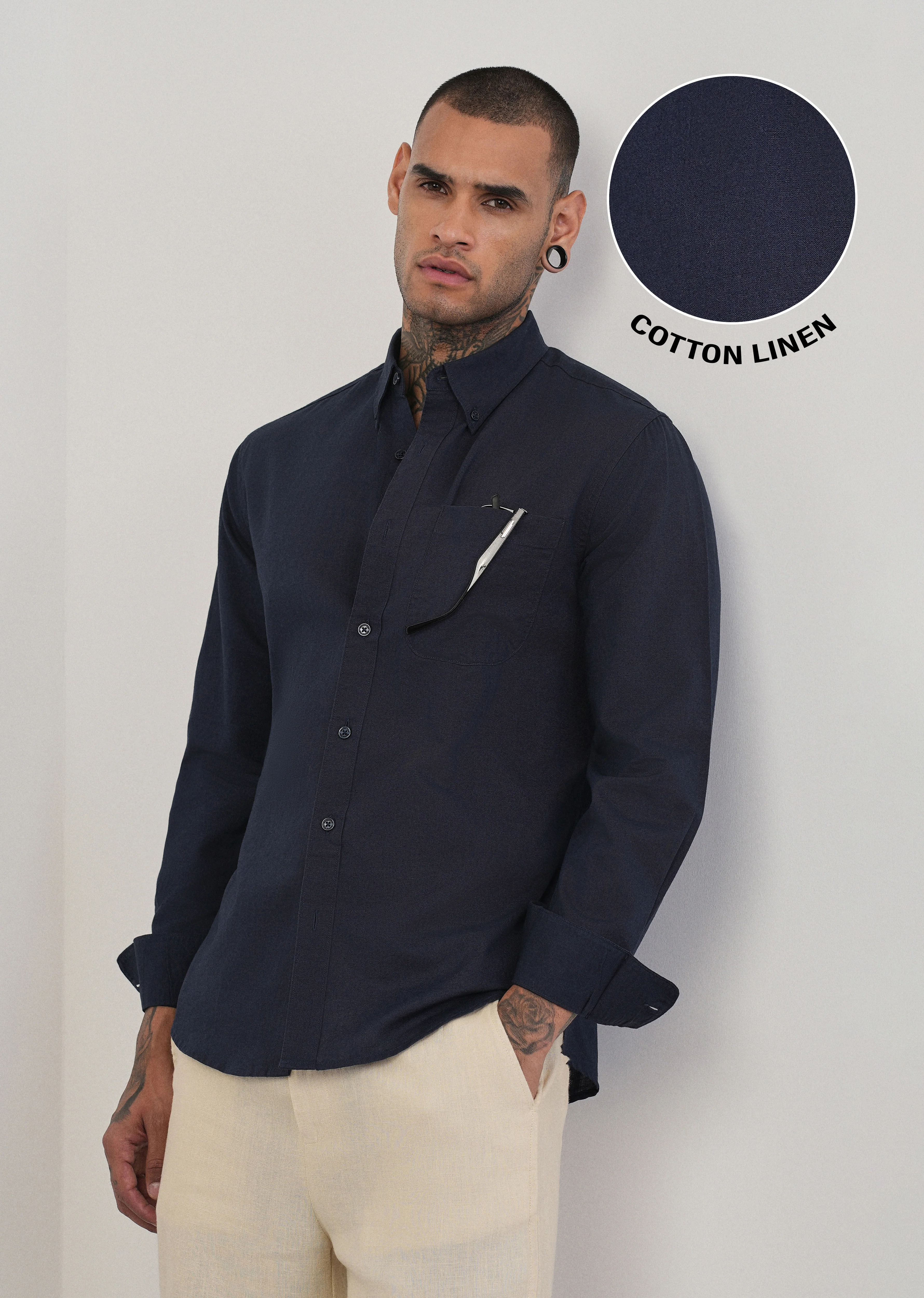 Navy Blue Cotton Linen Plain Shirt - Image 7
