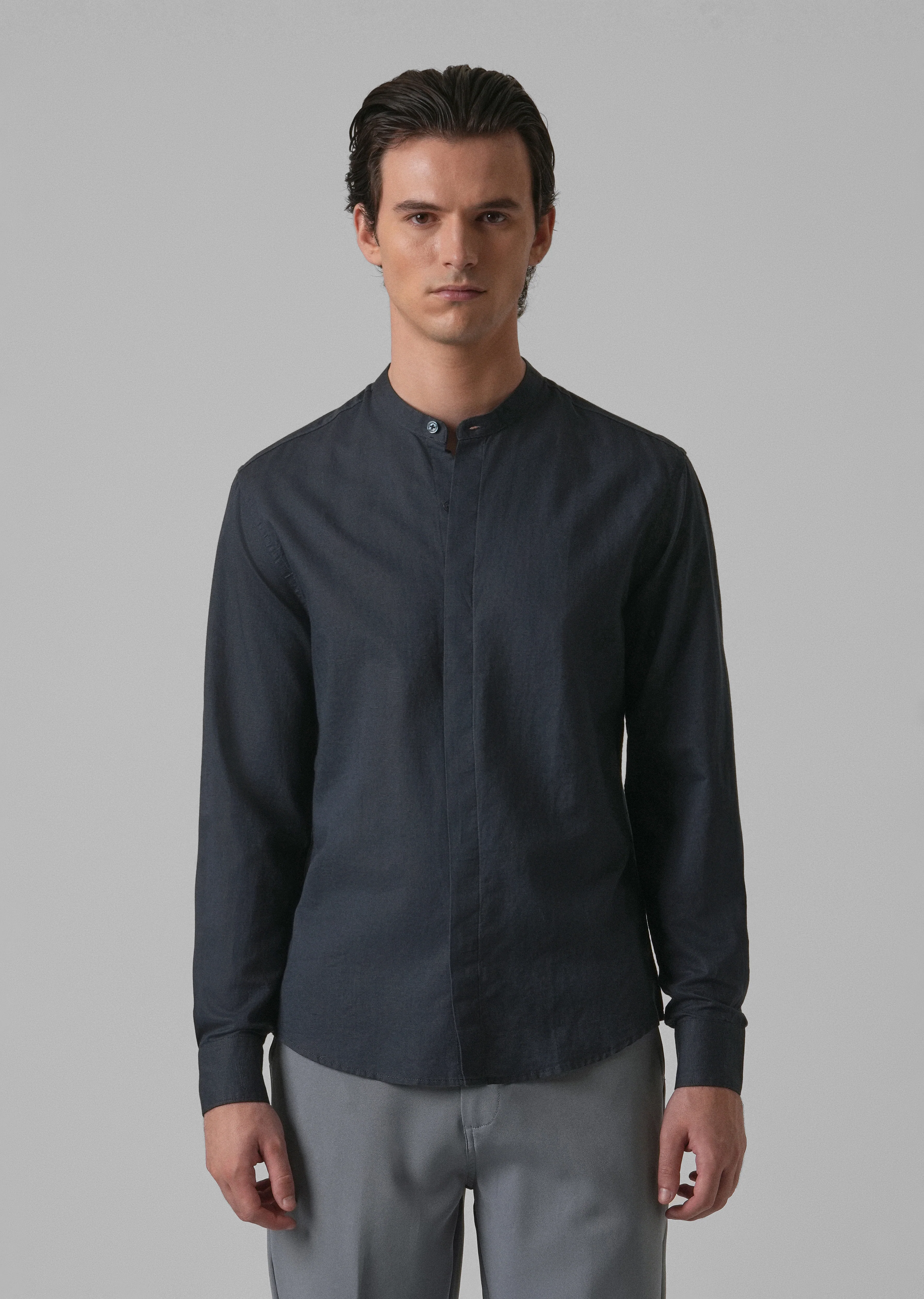 Navy Blue Cotton Linen Shirt - Image 3