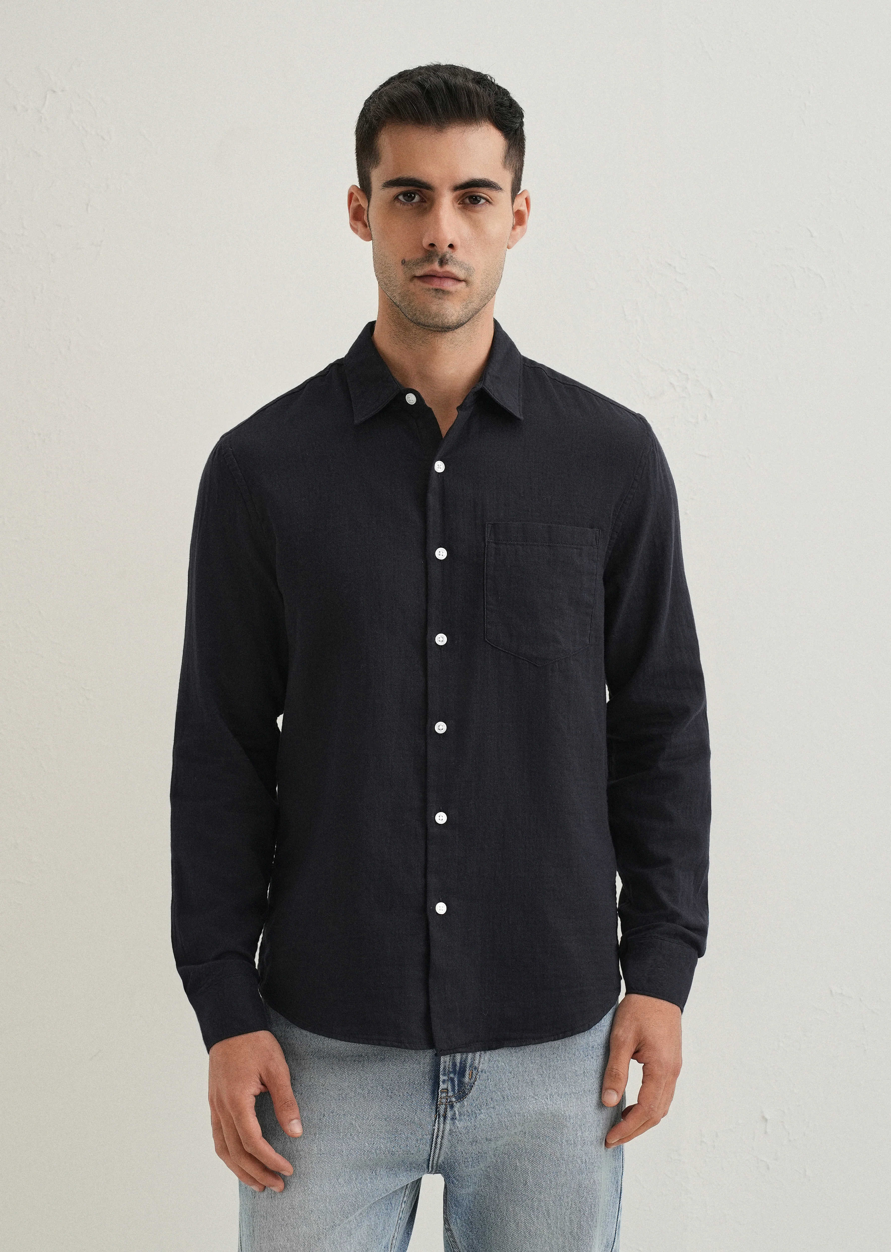 Navy Blue Double Cloth Cotton Shirt - Image 3