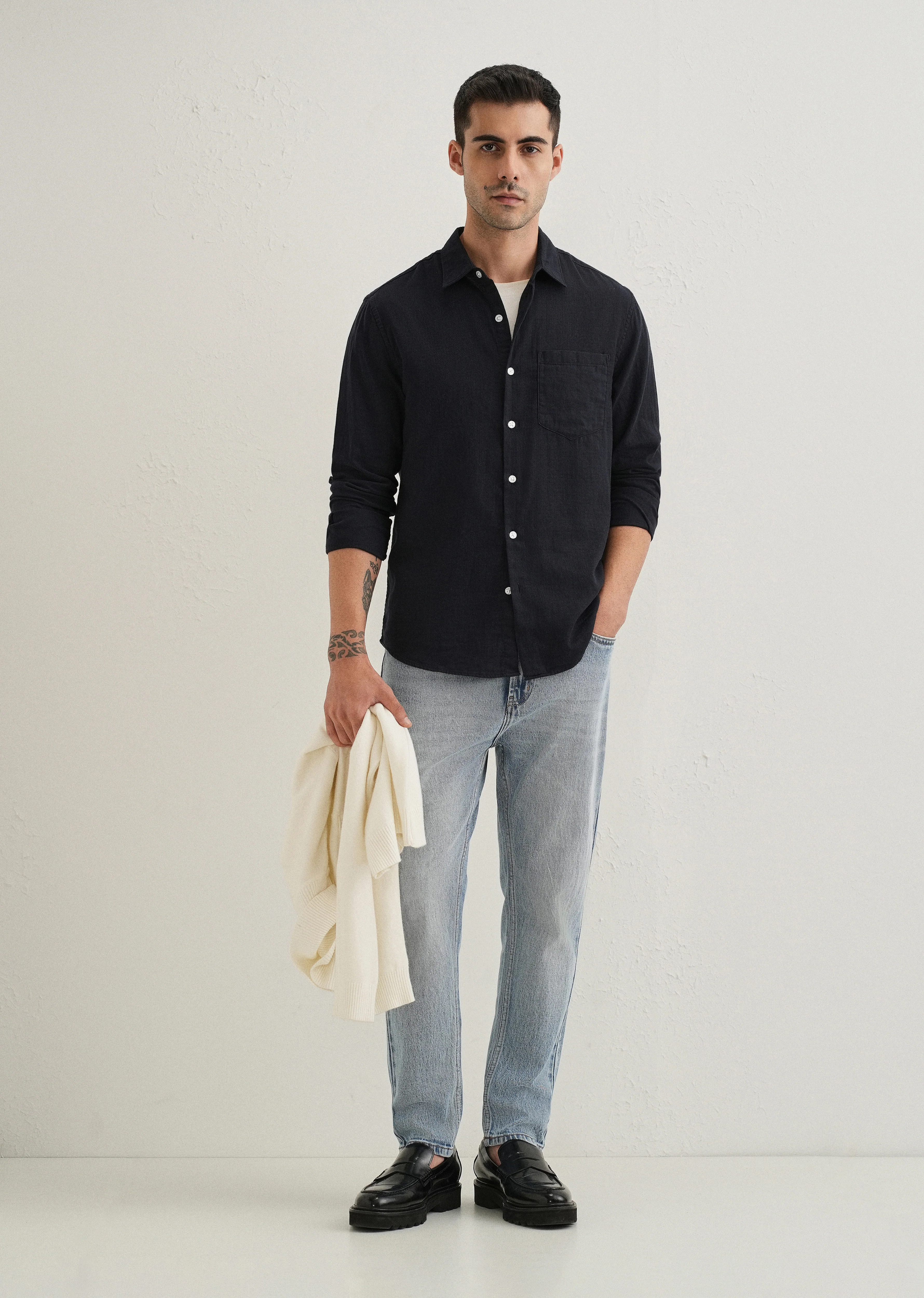 Navy Blue Double Cloth Cotton Shirt - Image 6
