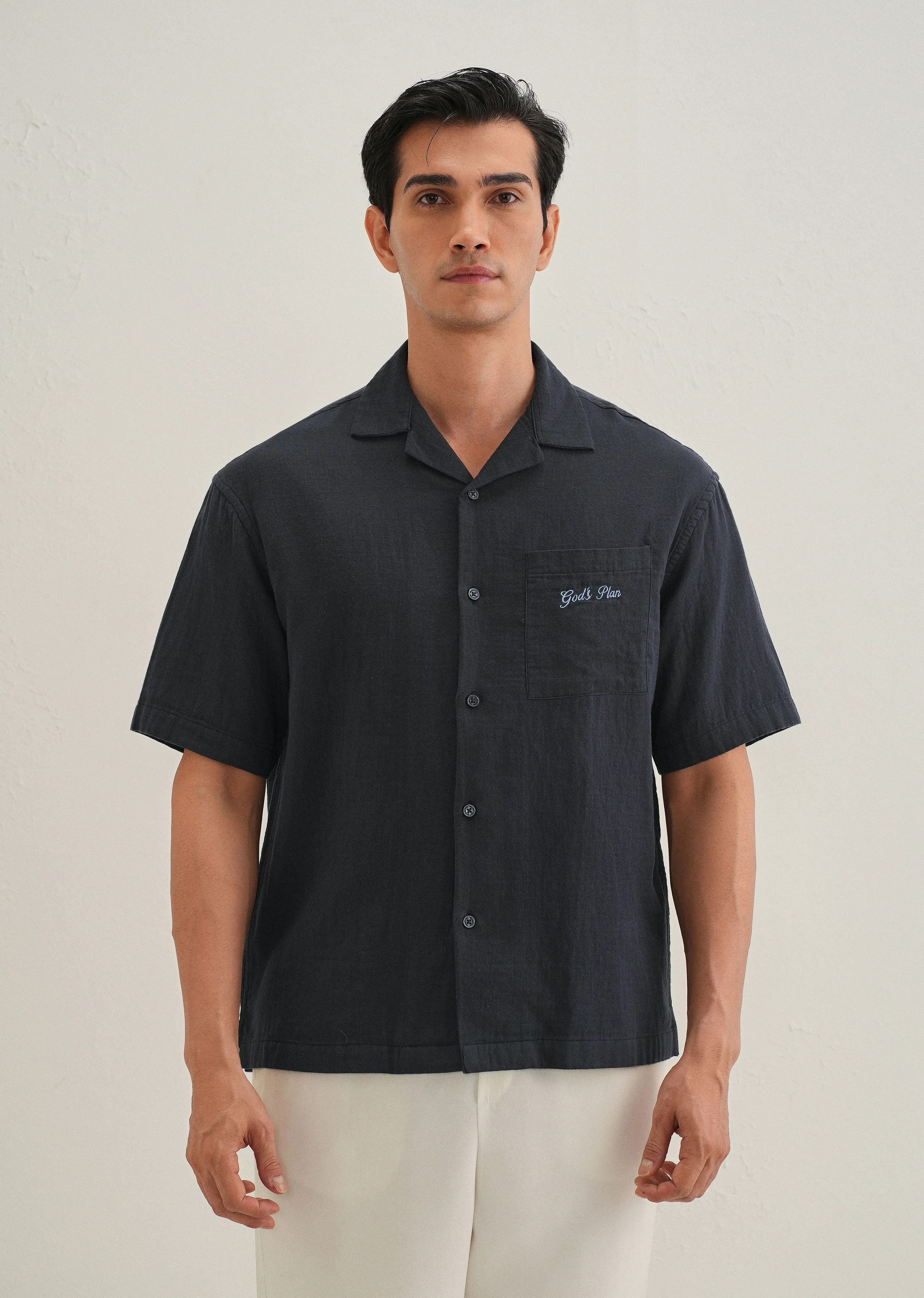 Navy Blue Embroidered Double Cloth Cotton Shirt - Image 3