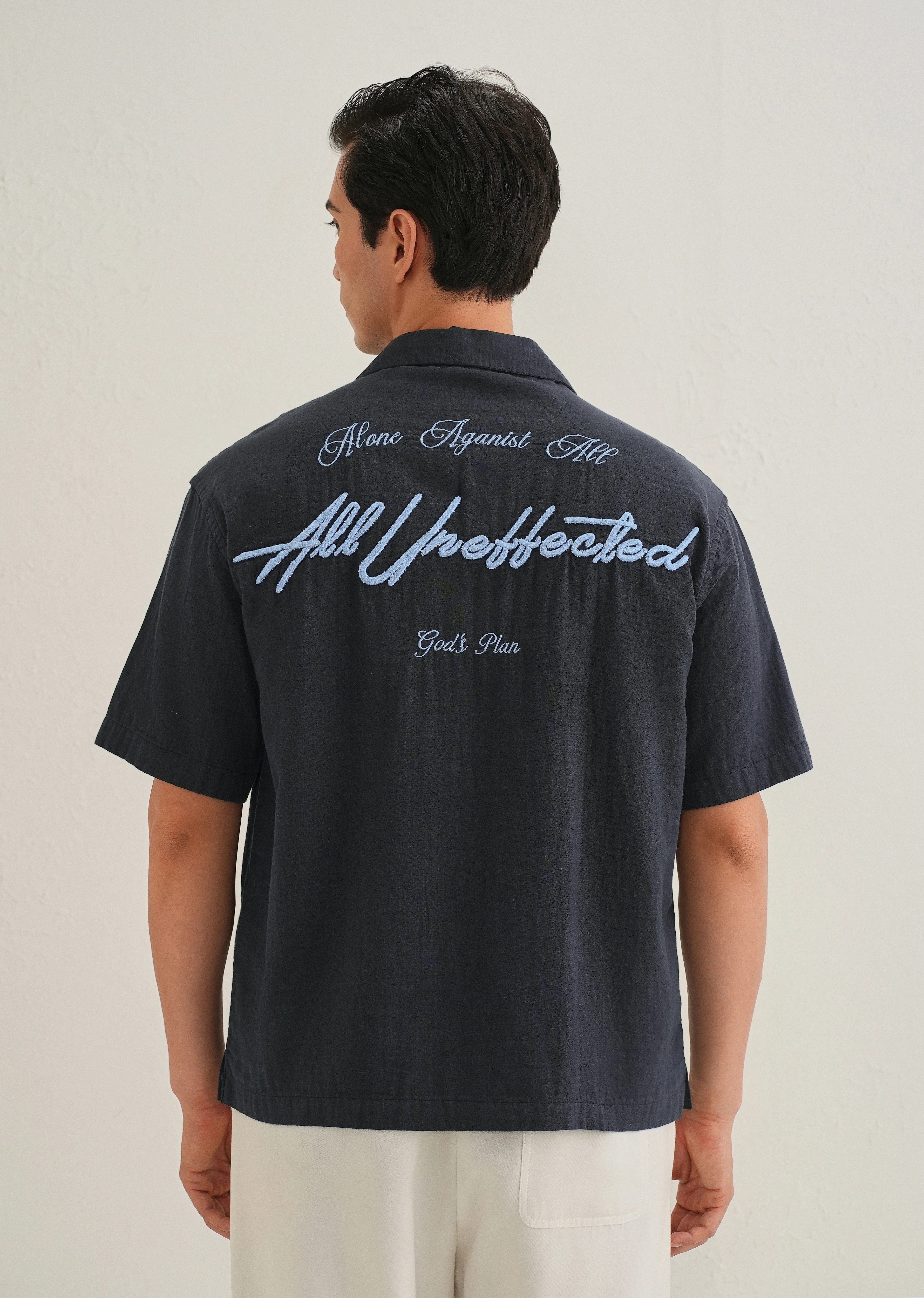 Navy Blue Embroidered Double Cloth Cotton Shirt - Image 4