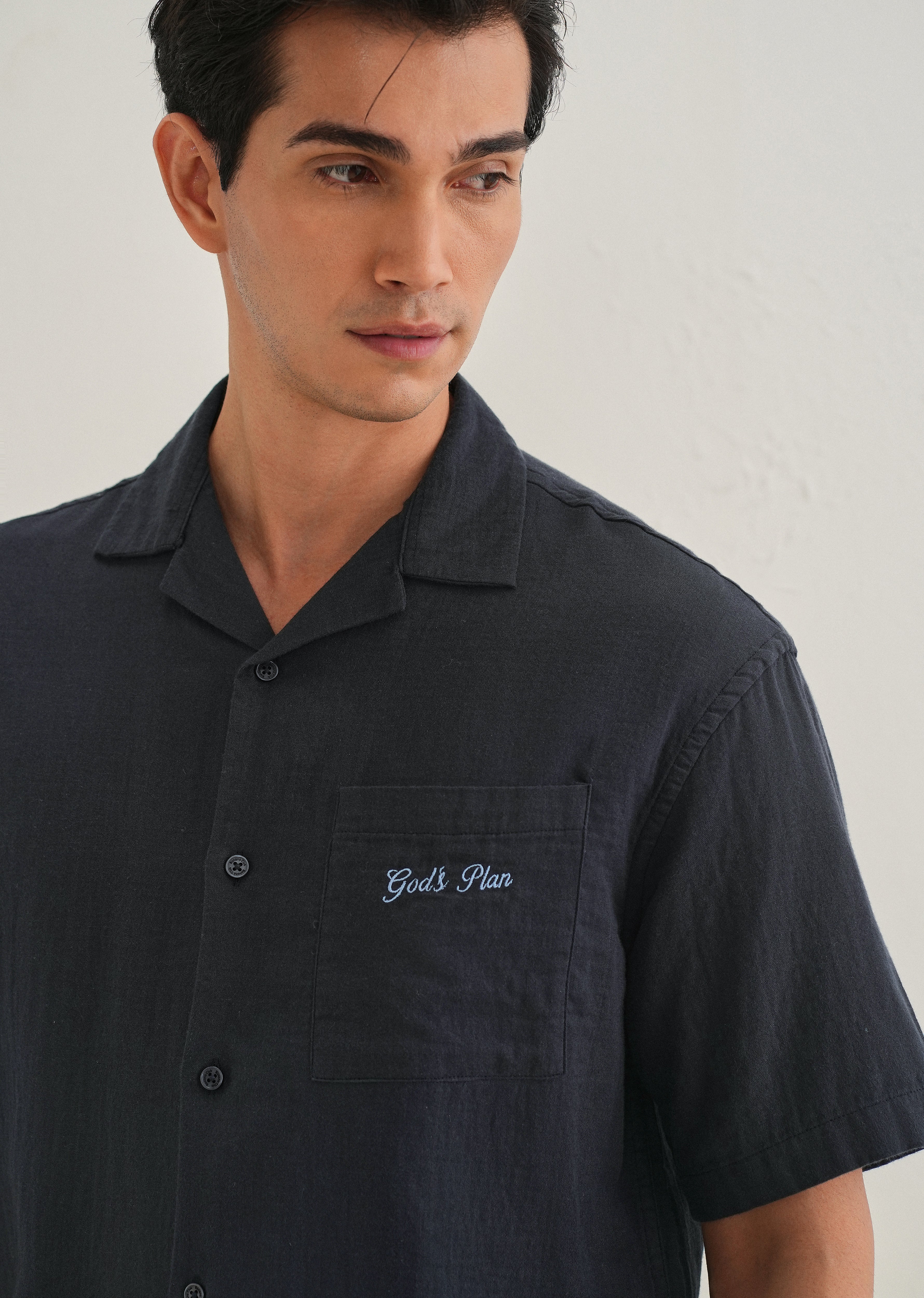 Navy Blue Embroidered Double Cloth Cotton Shirt - Image 6