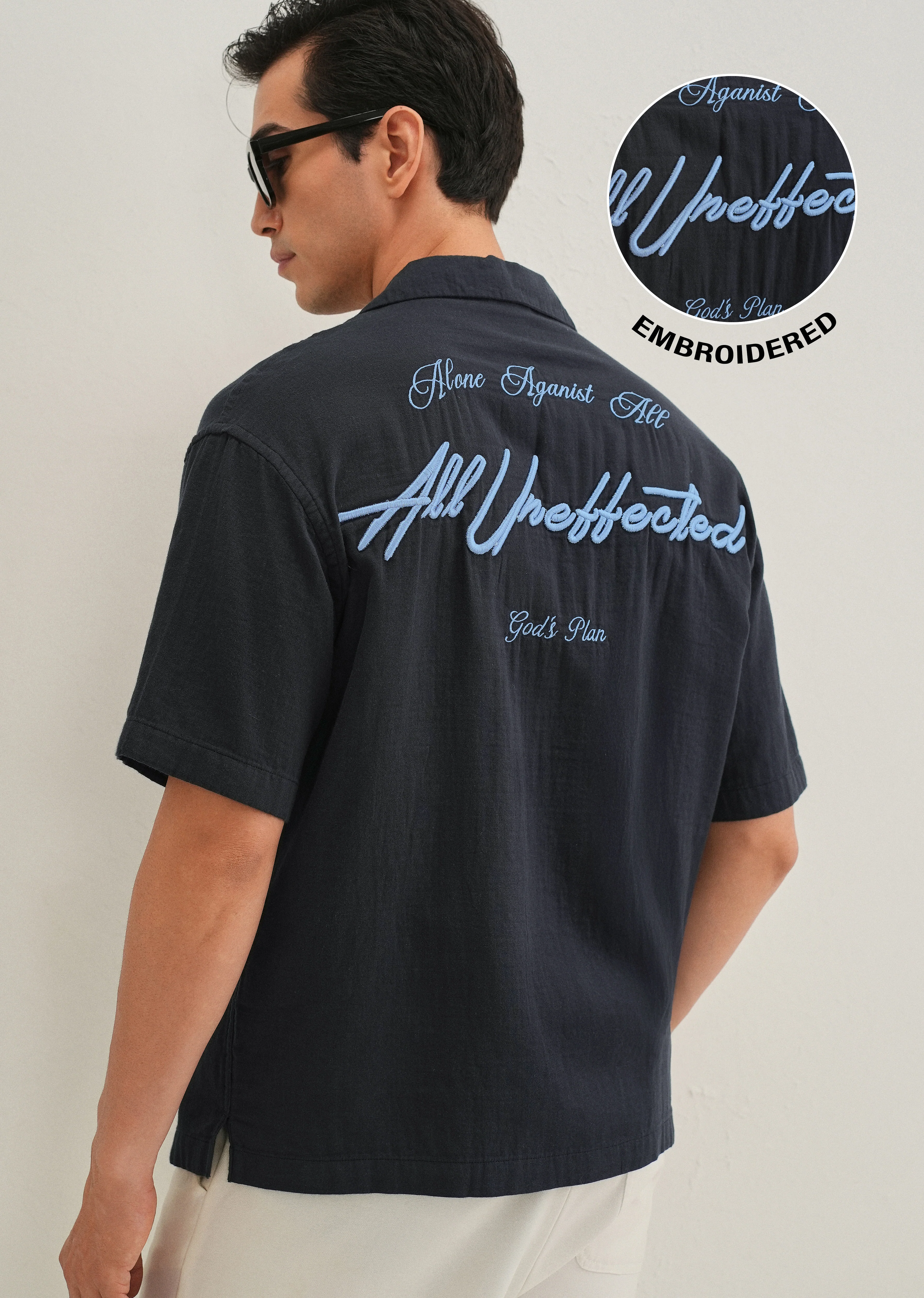 Navy Blue Embroidered Double Cloth Cotton Shirt - Image 8
