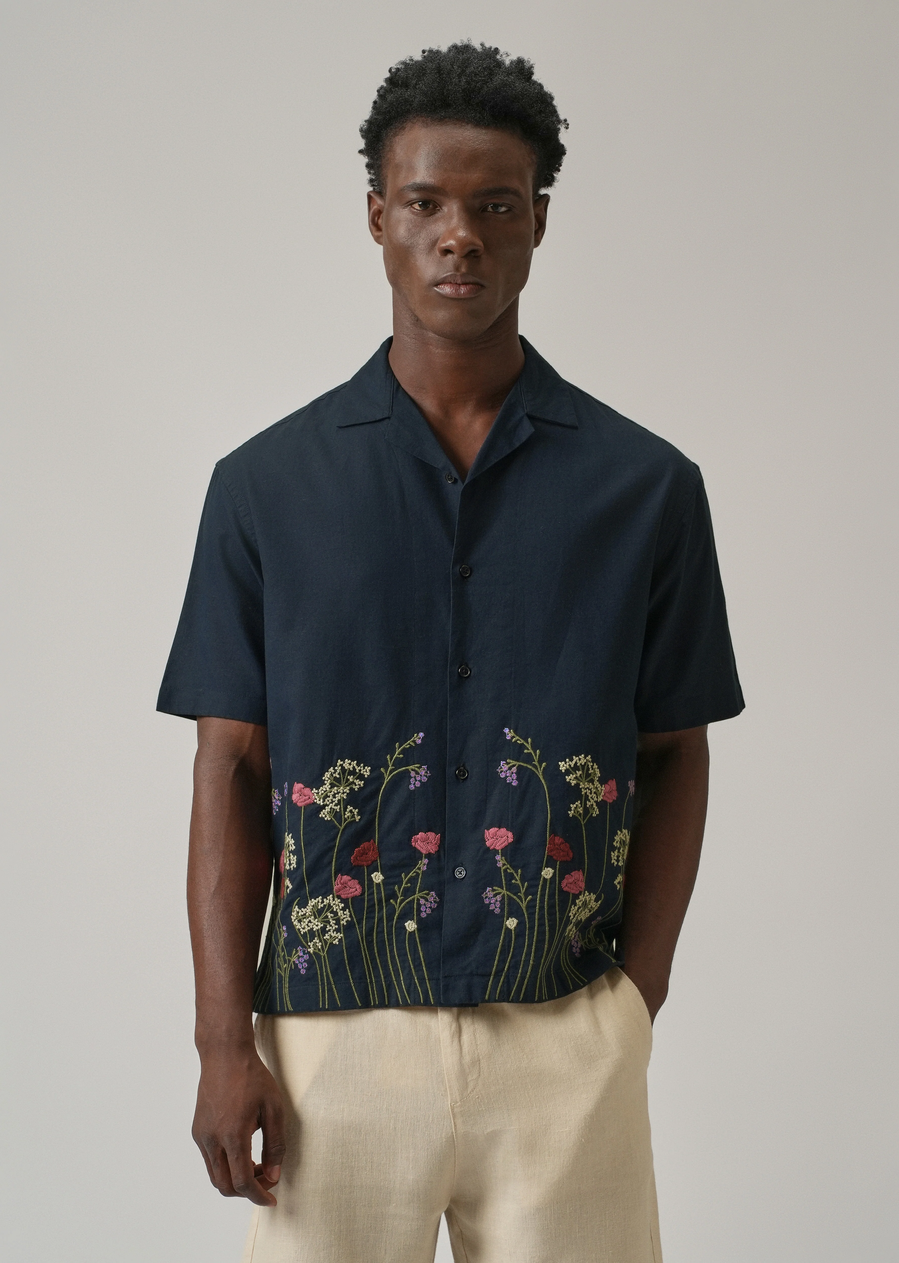 Navy Blue Floral Embroidery Linen Shirt - Image 4