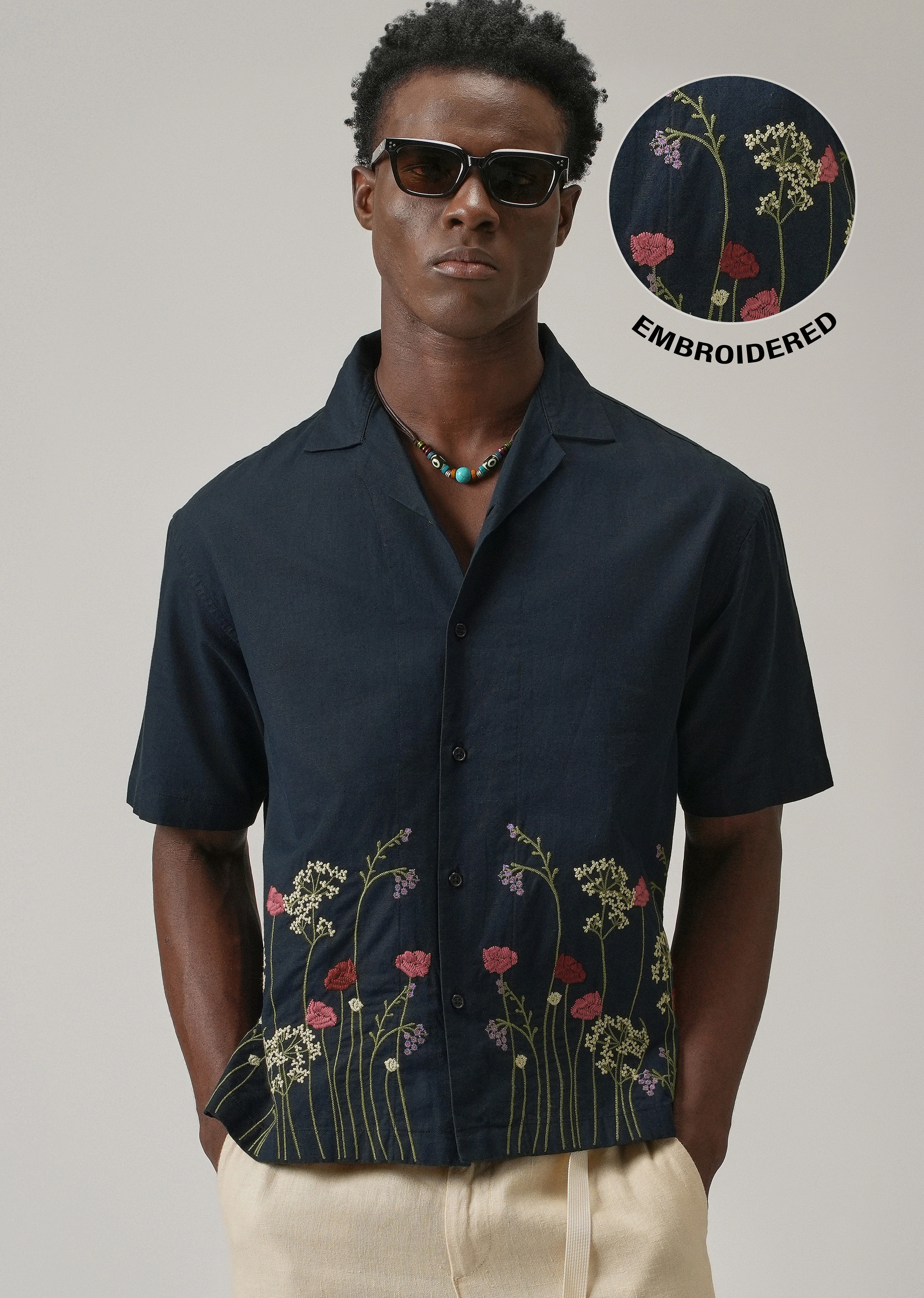 Navy Blue Floral Embroidery Linen Shirt - Image 8