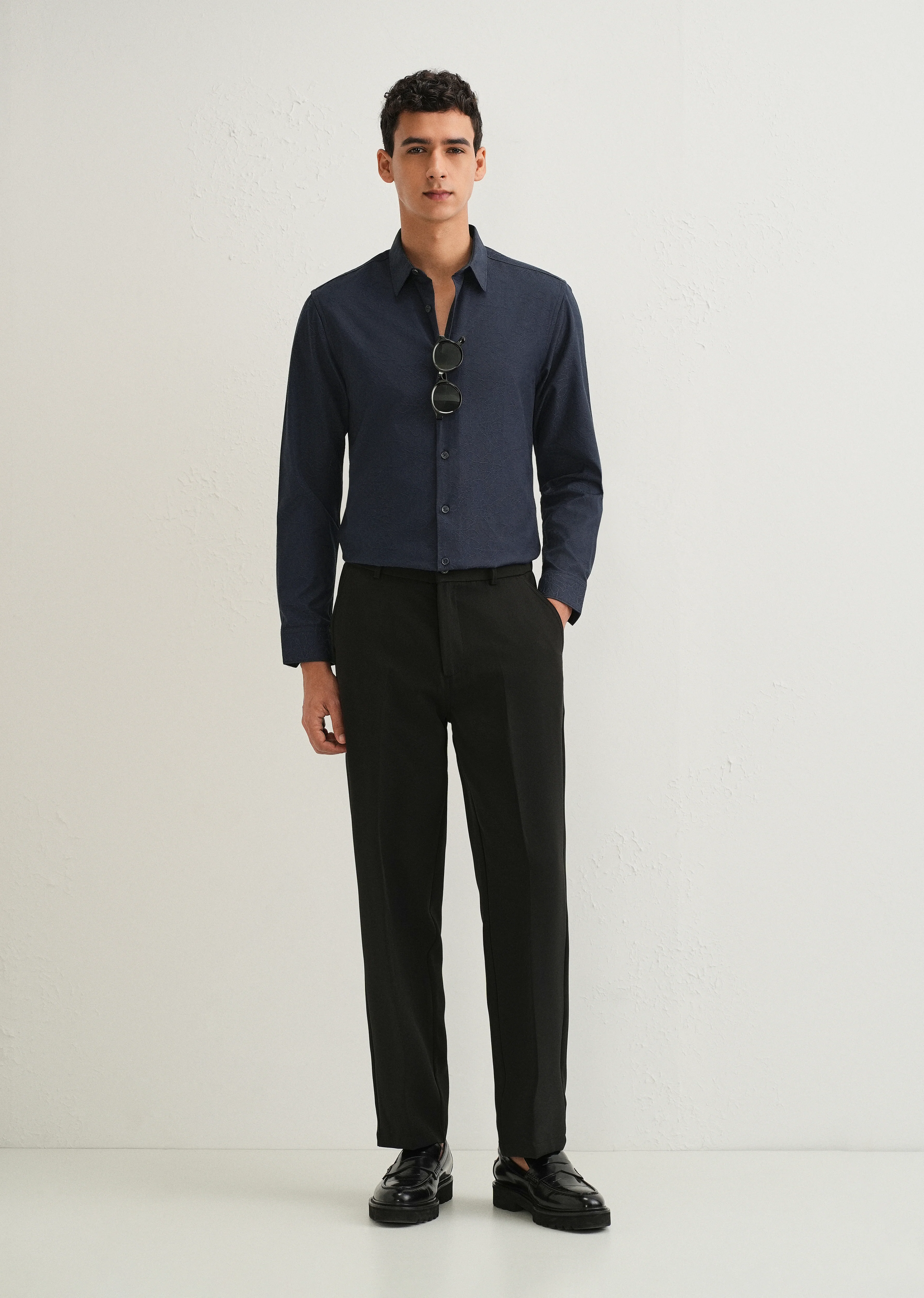 Navy Blue Floral Jacquard Shirt - Image 6