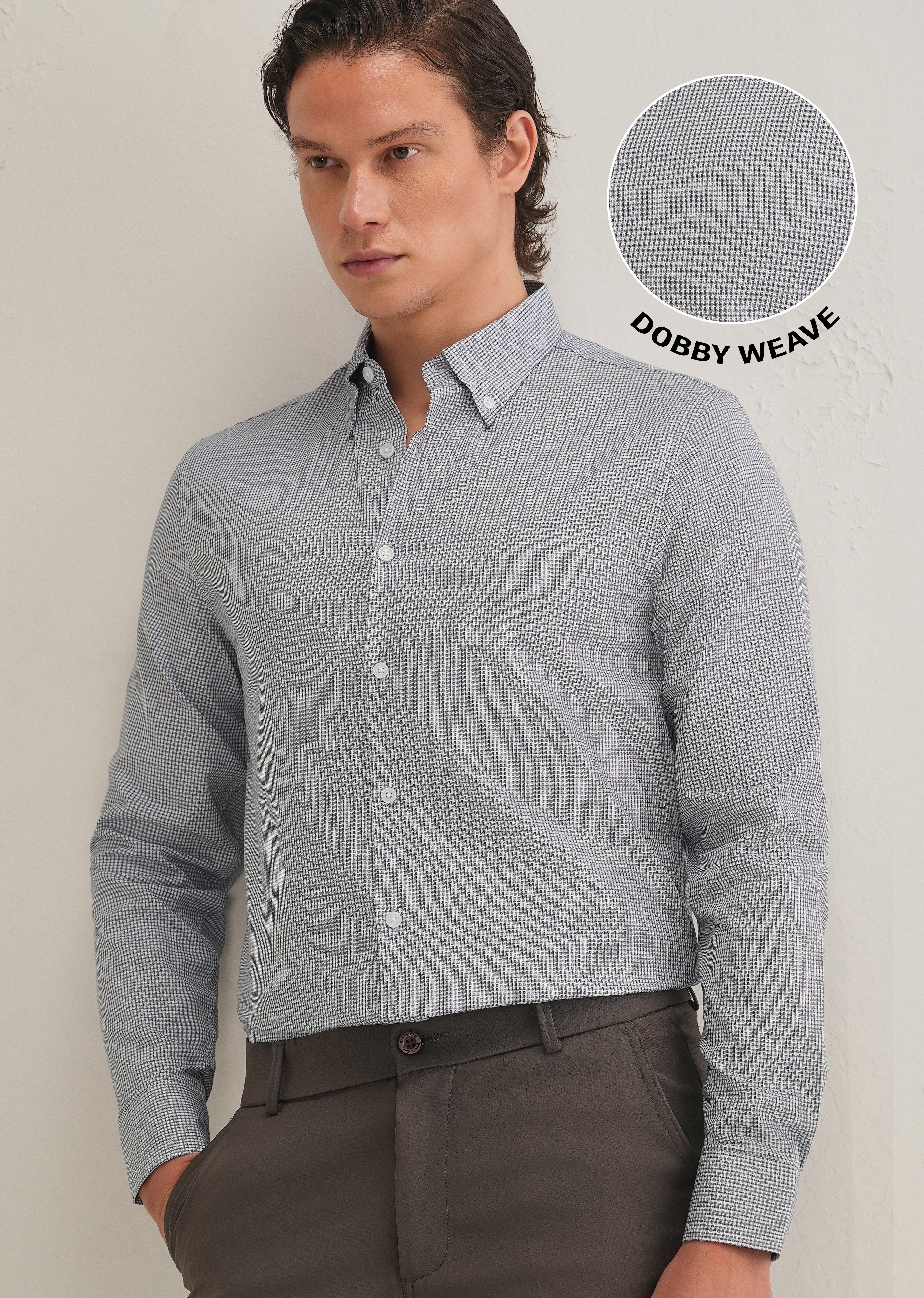 Navy Blue Geometric Dobby Cotton Shirt - Image 7