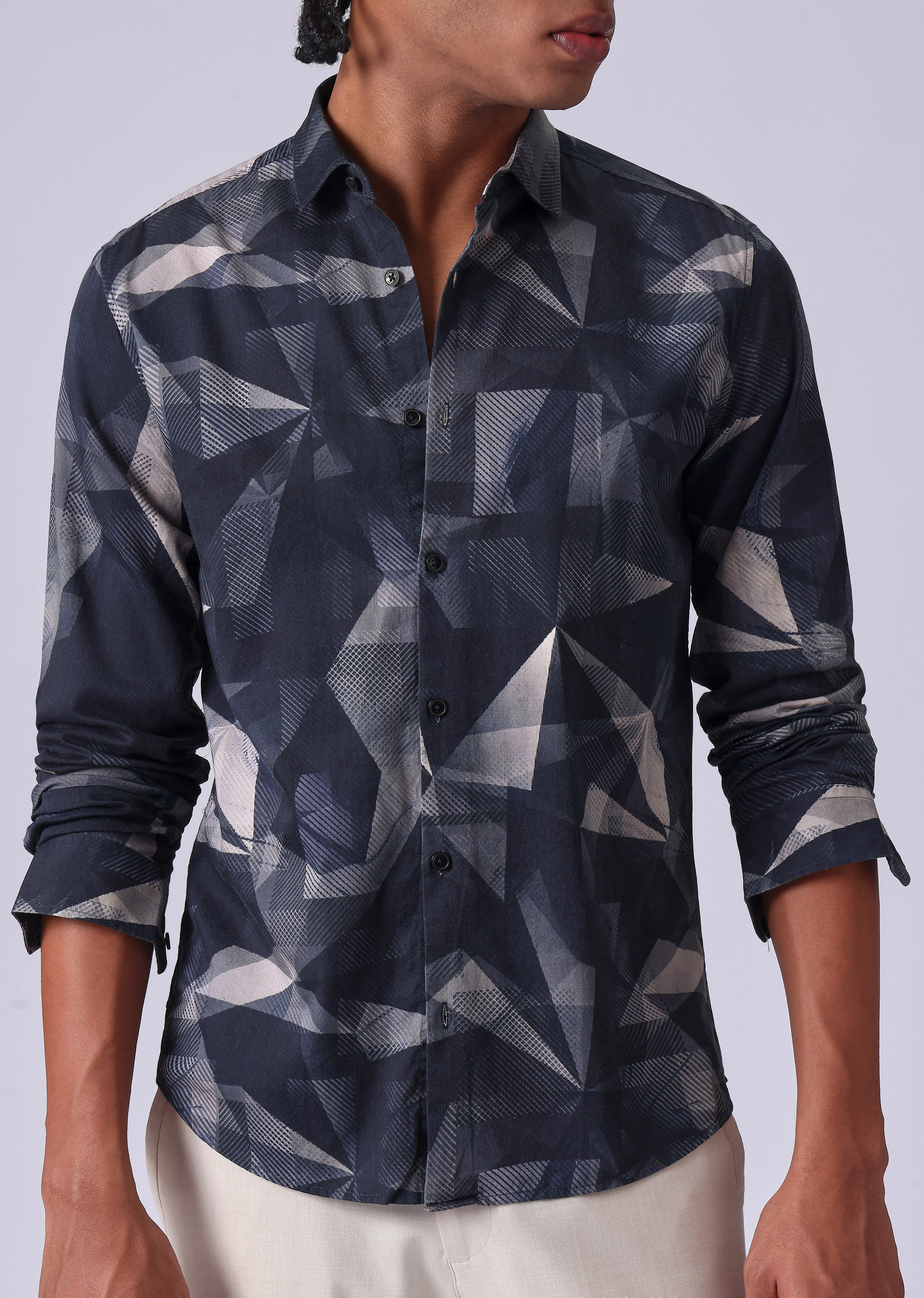 Navy Blue Geometric Print Shirt - Image 7