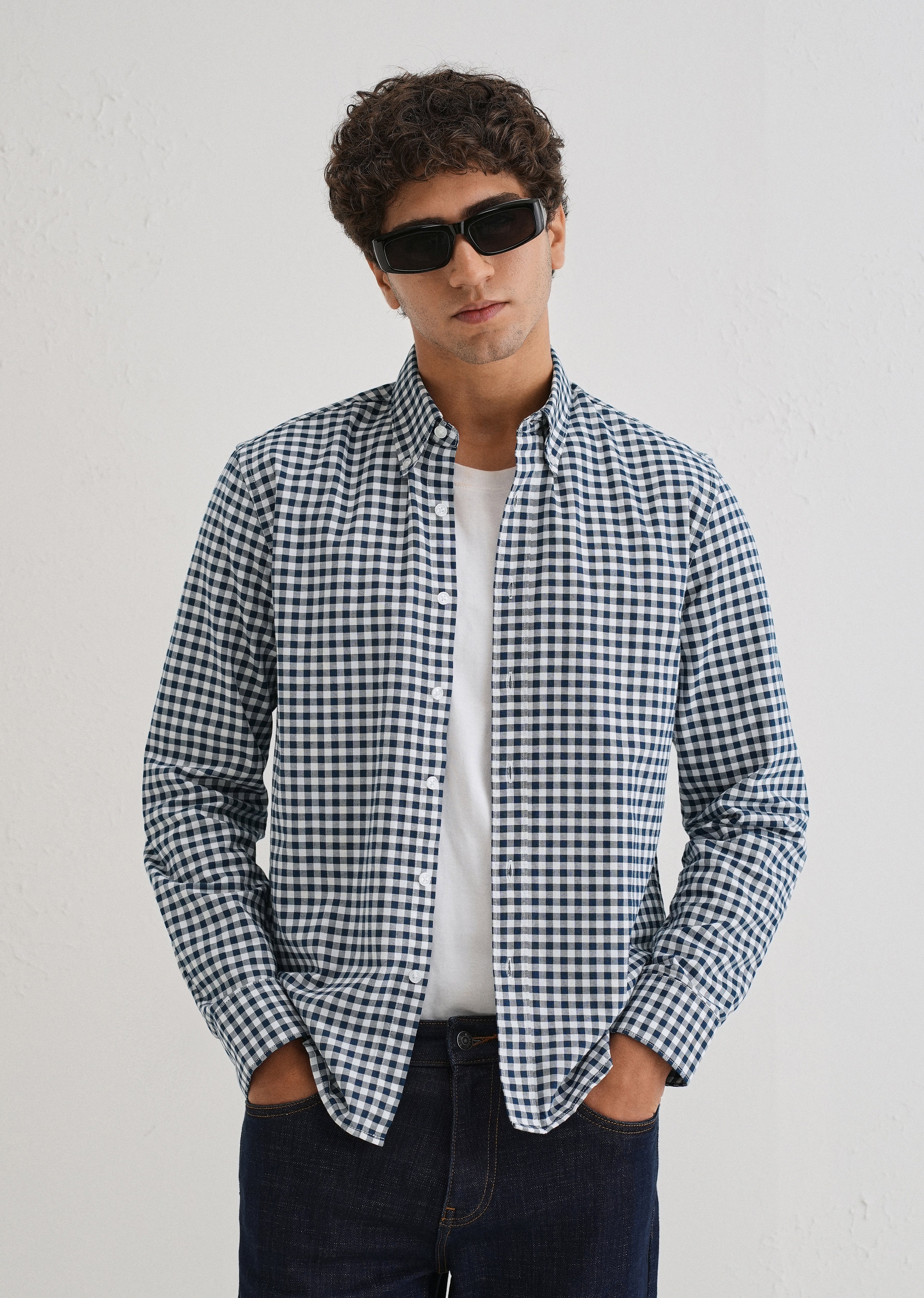 Navy Blue Gingham Check Cotton Oxford Shirt - Image 2