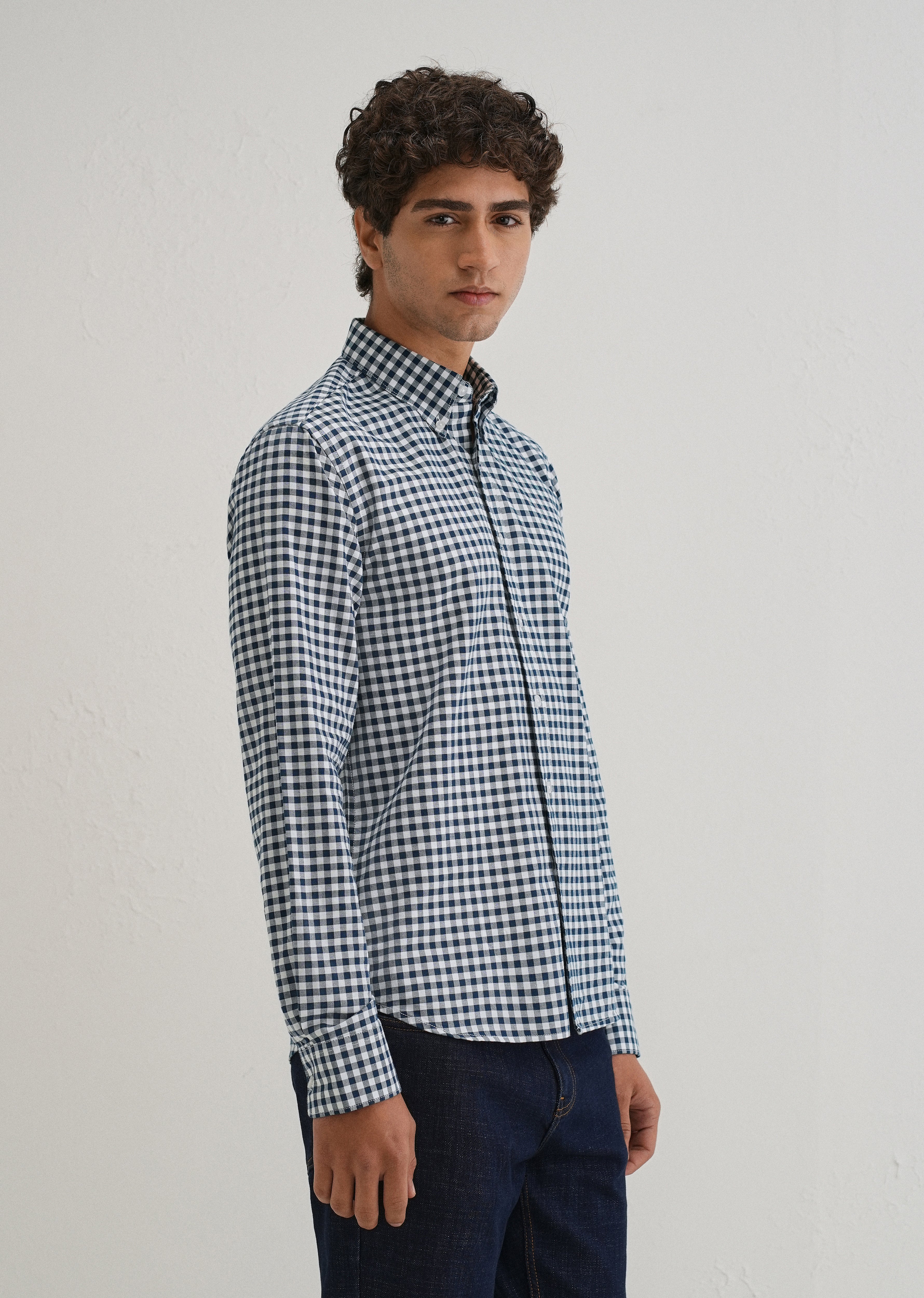 Navy Blue Gingham Check Cotton Oxford Shirt - Image 5