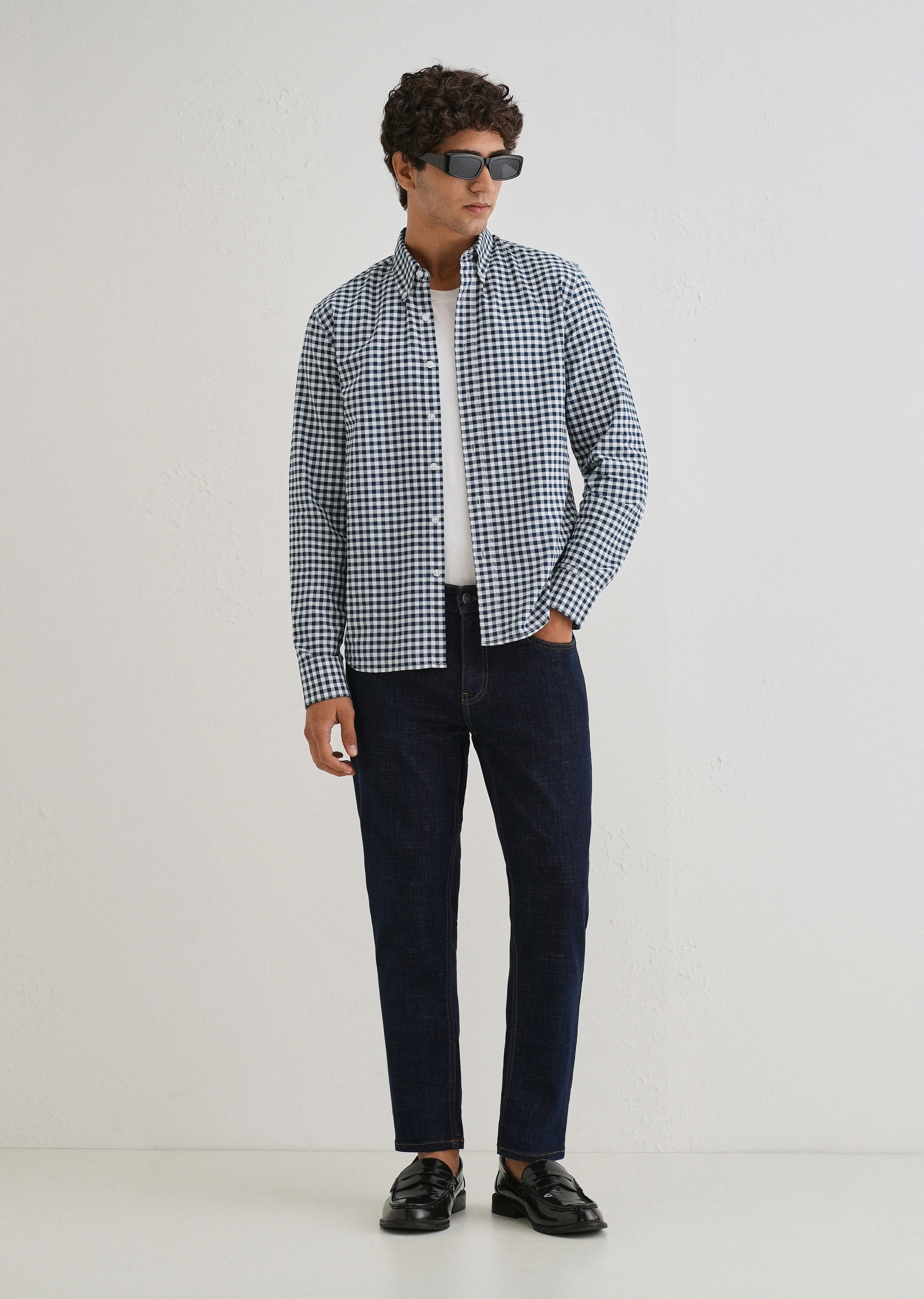 Navy Blue Gingham Check Cotton Oxford Shirt - Image 7