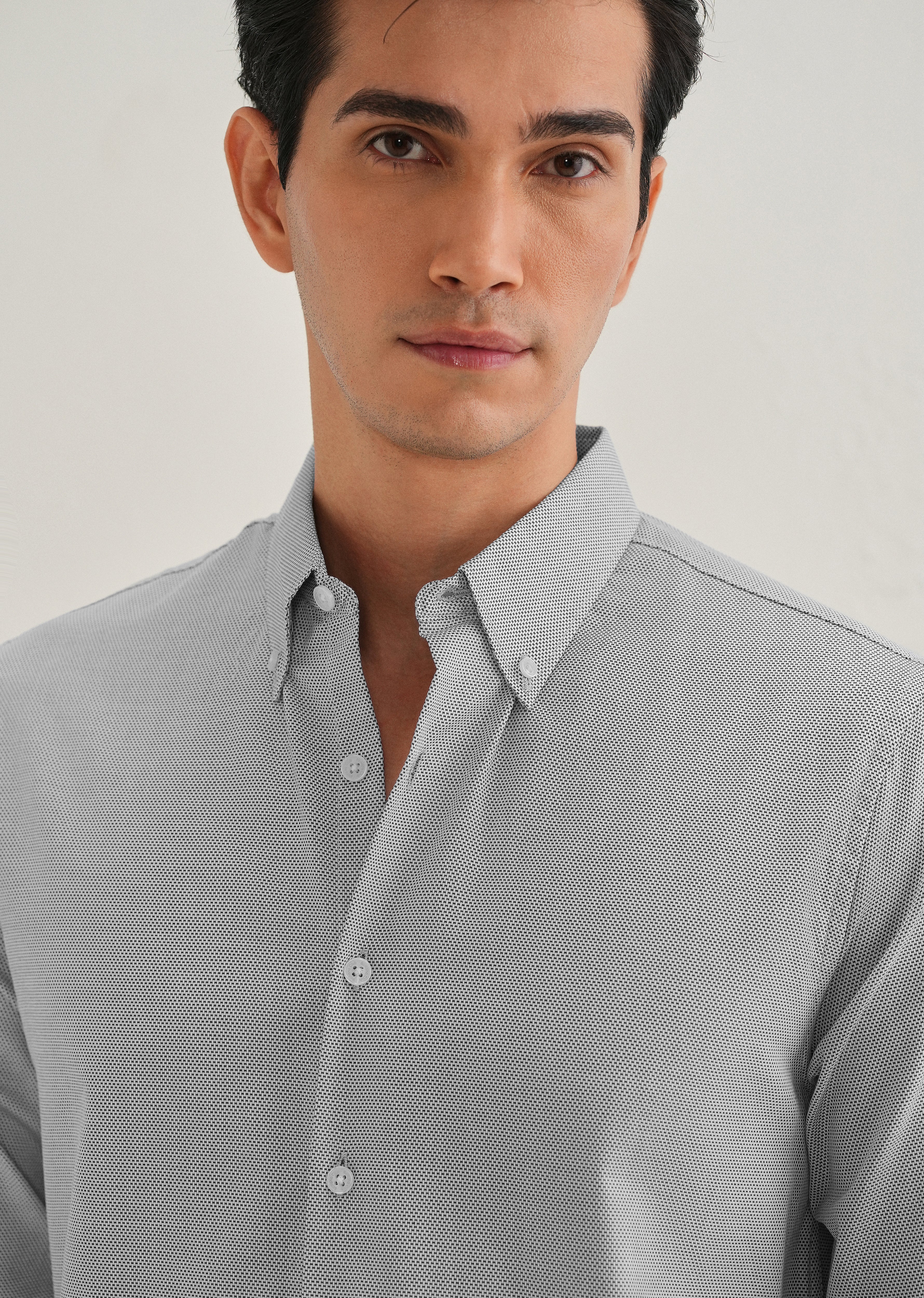 Navy Blue Micro-Dobby Cotton Shirt - Image 2