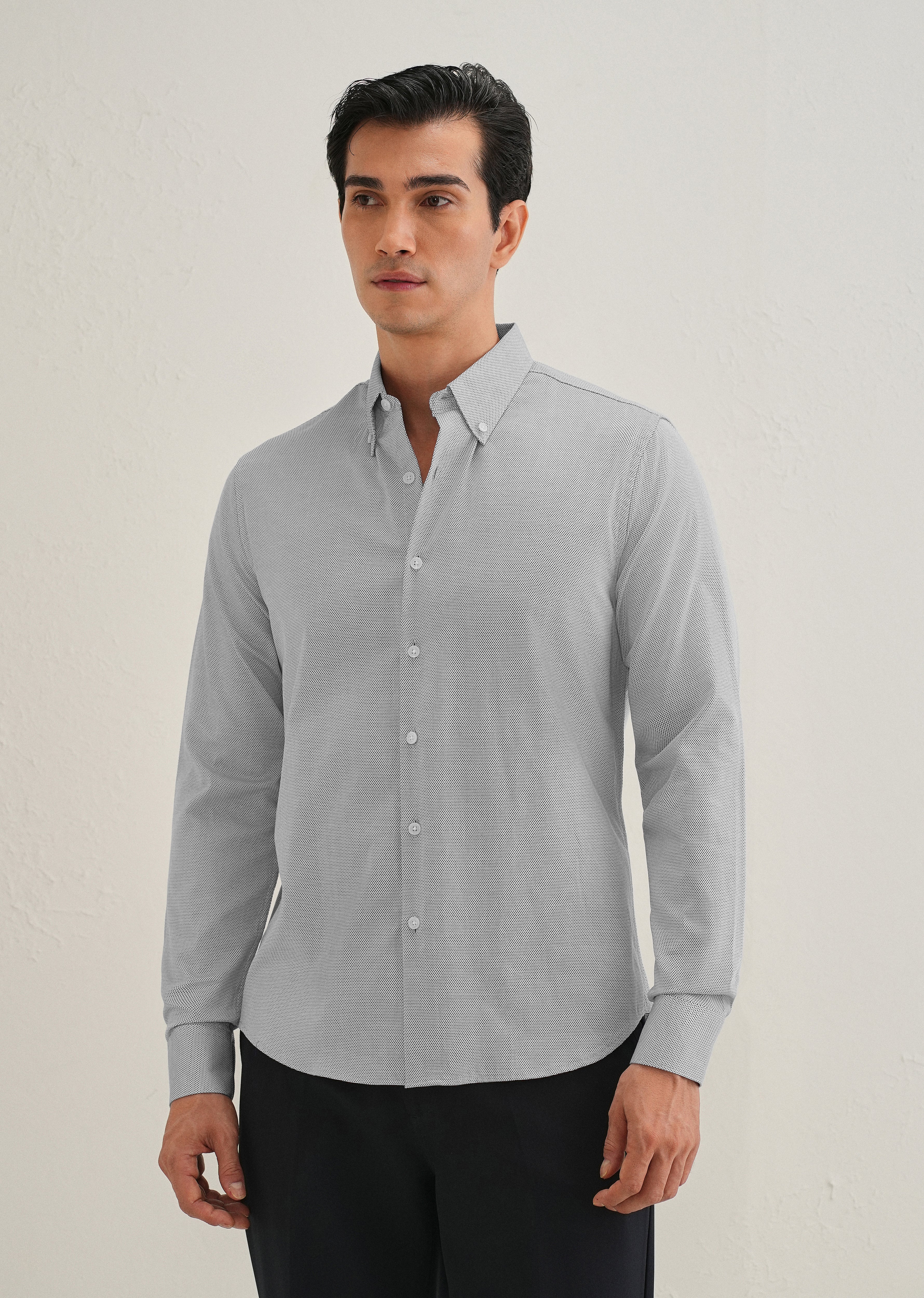 Navy Blue Micro-Dobby Cotton Shirt - Image 5