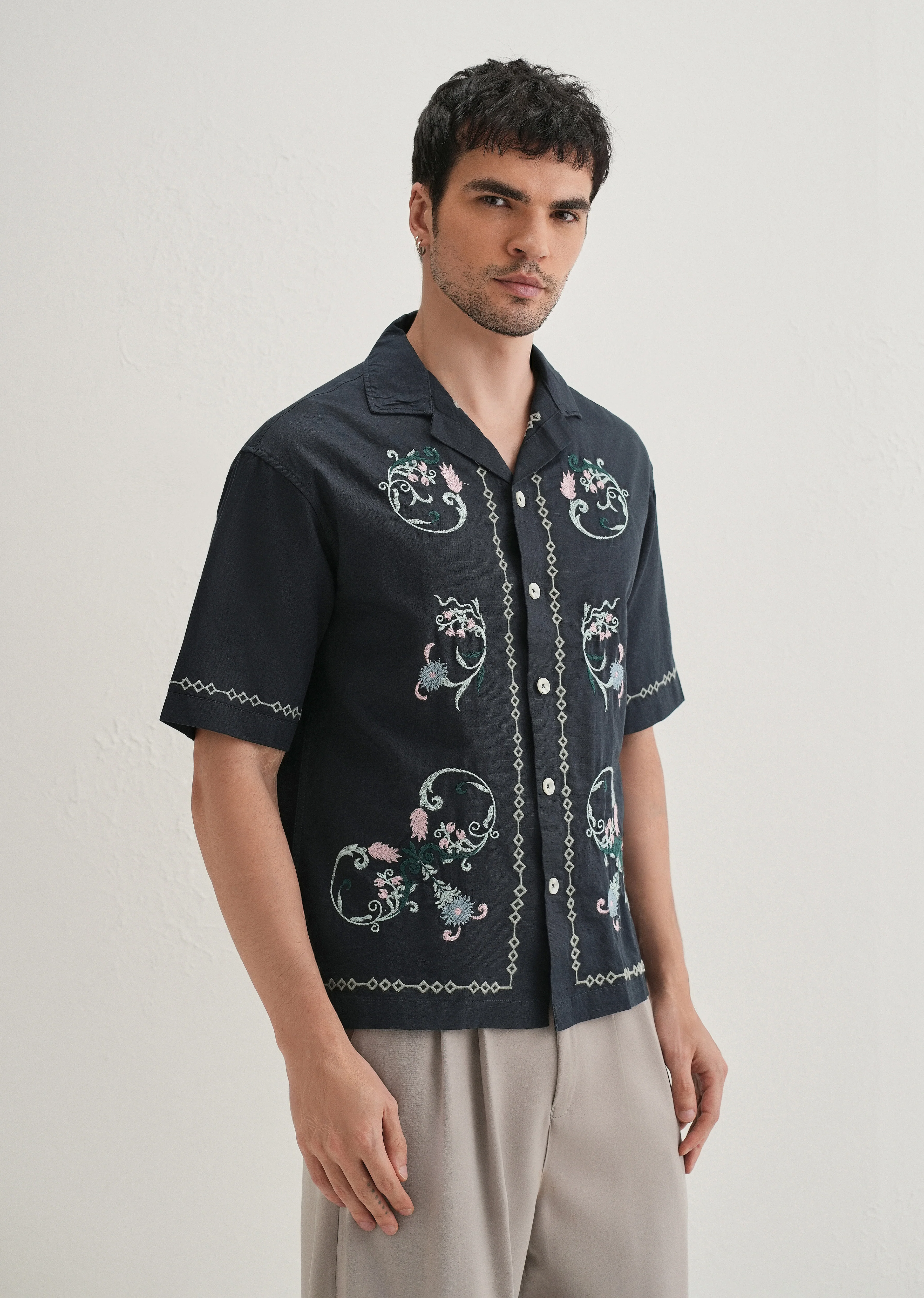 Navy Blue Panel Embroidered Shirt - Image 4