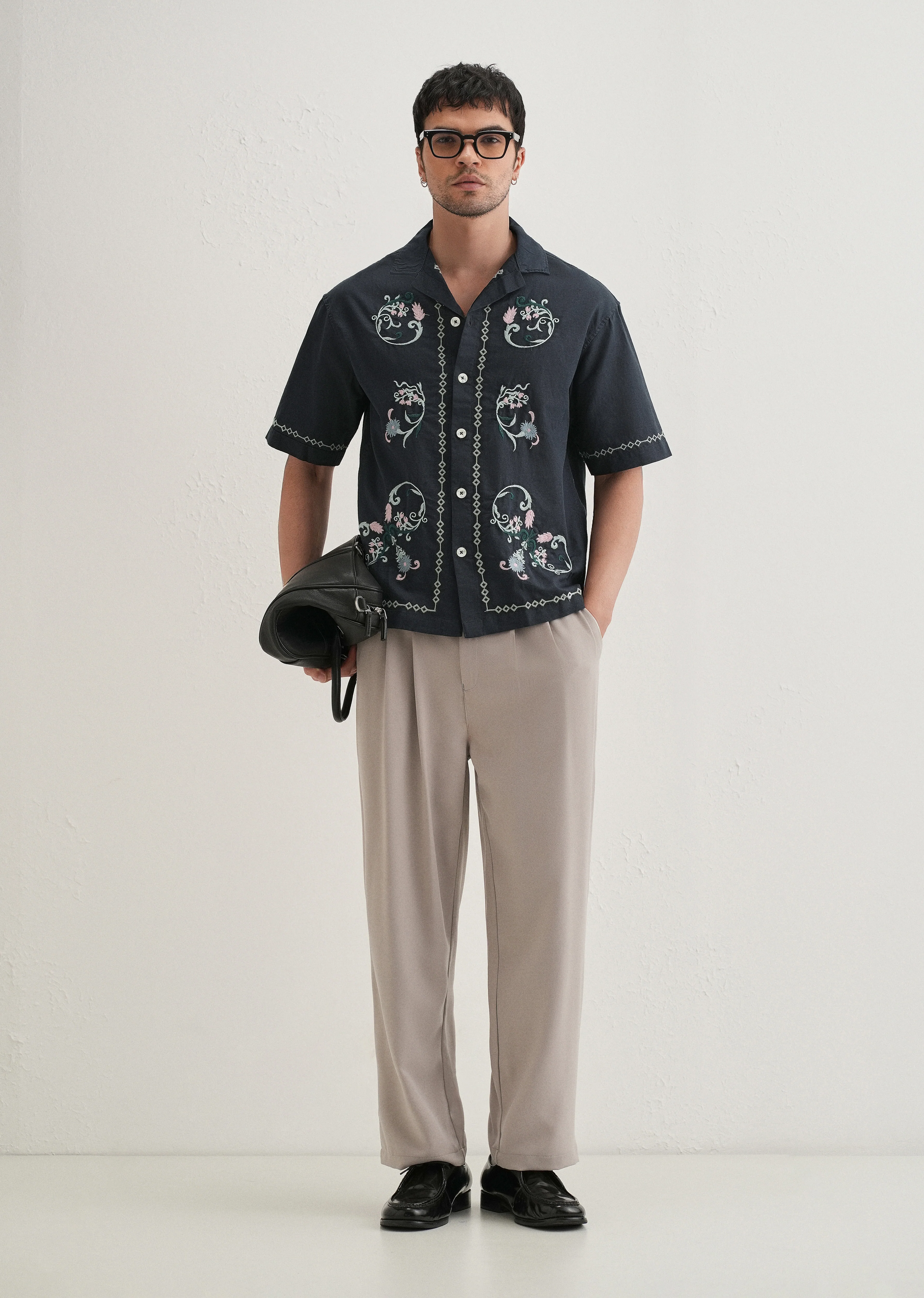 Navy Blue Panel Embroidered Shirt - Image 6
