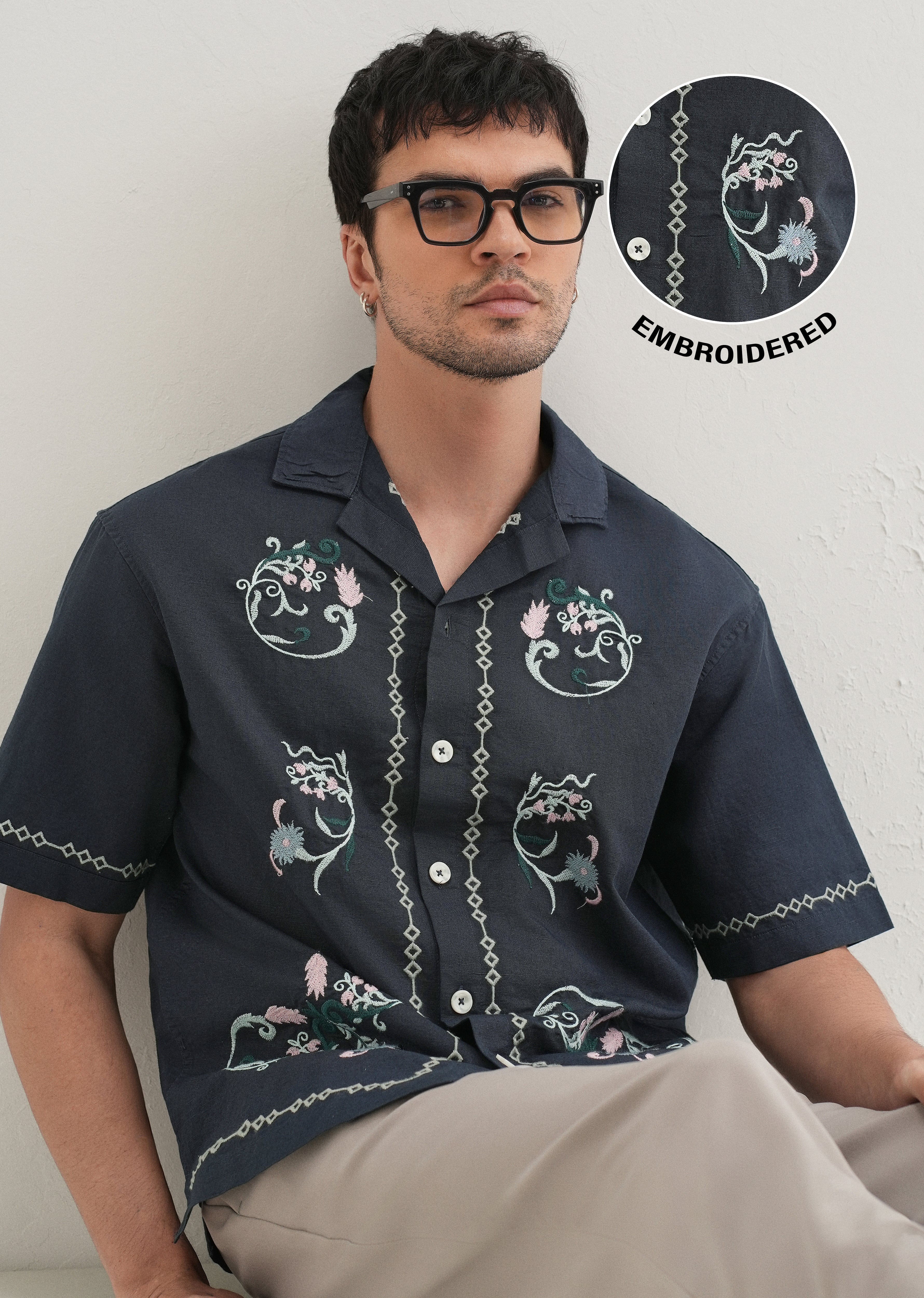 Navy Blue Panel Embroidered Shirt - Image 7