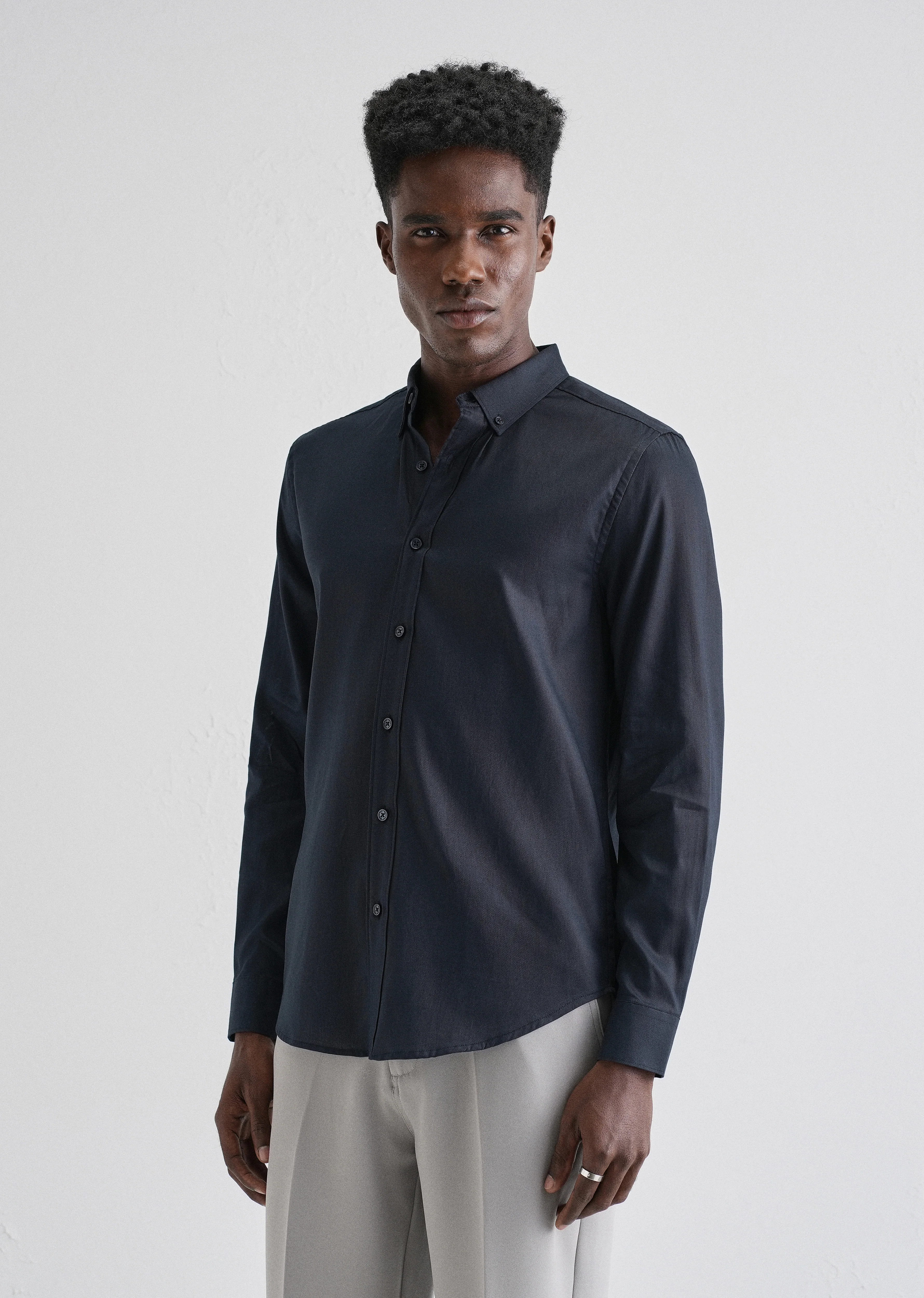 Navy Blue Plain Blended Cotton Regular Fit Shirt - Image 4